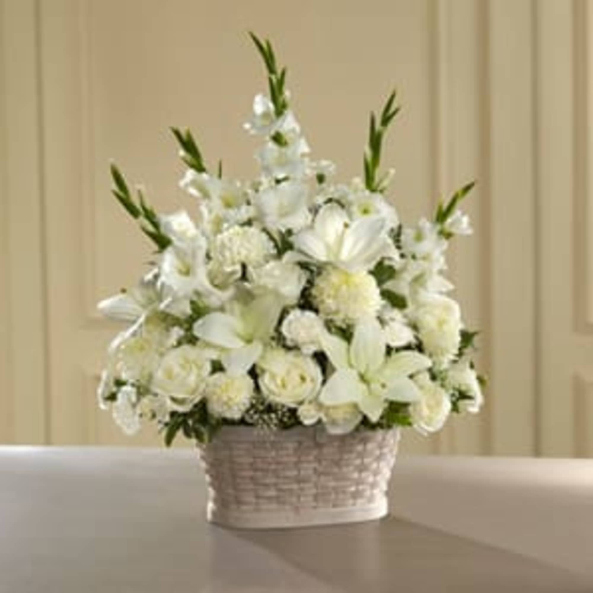 White floral arrangement in a woven basket, photo 2 of 3