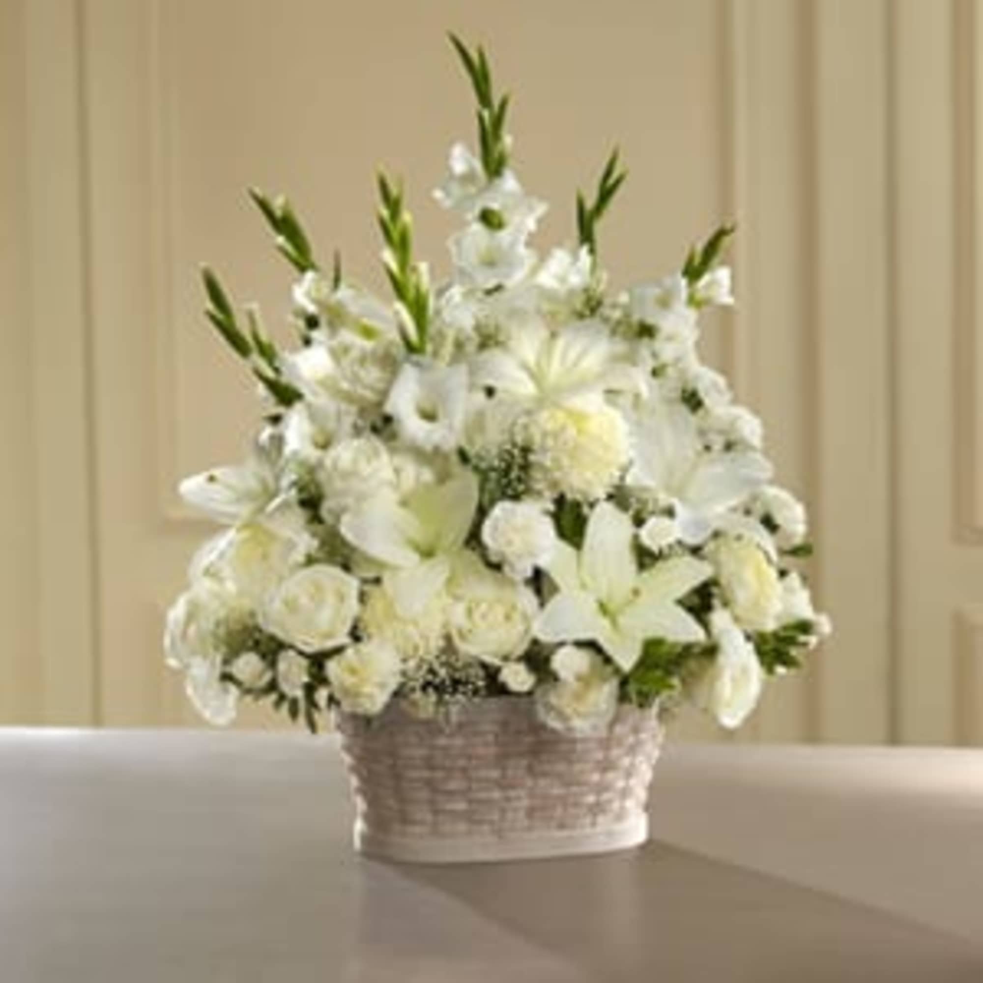 White floral arrangement in a woven basket, photo 3 of 3