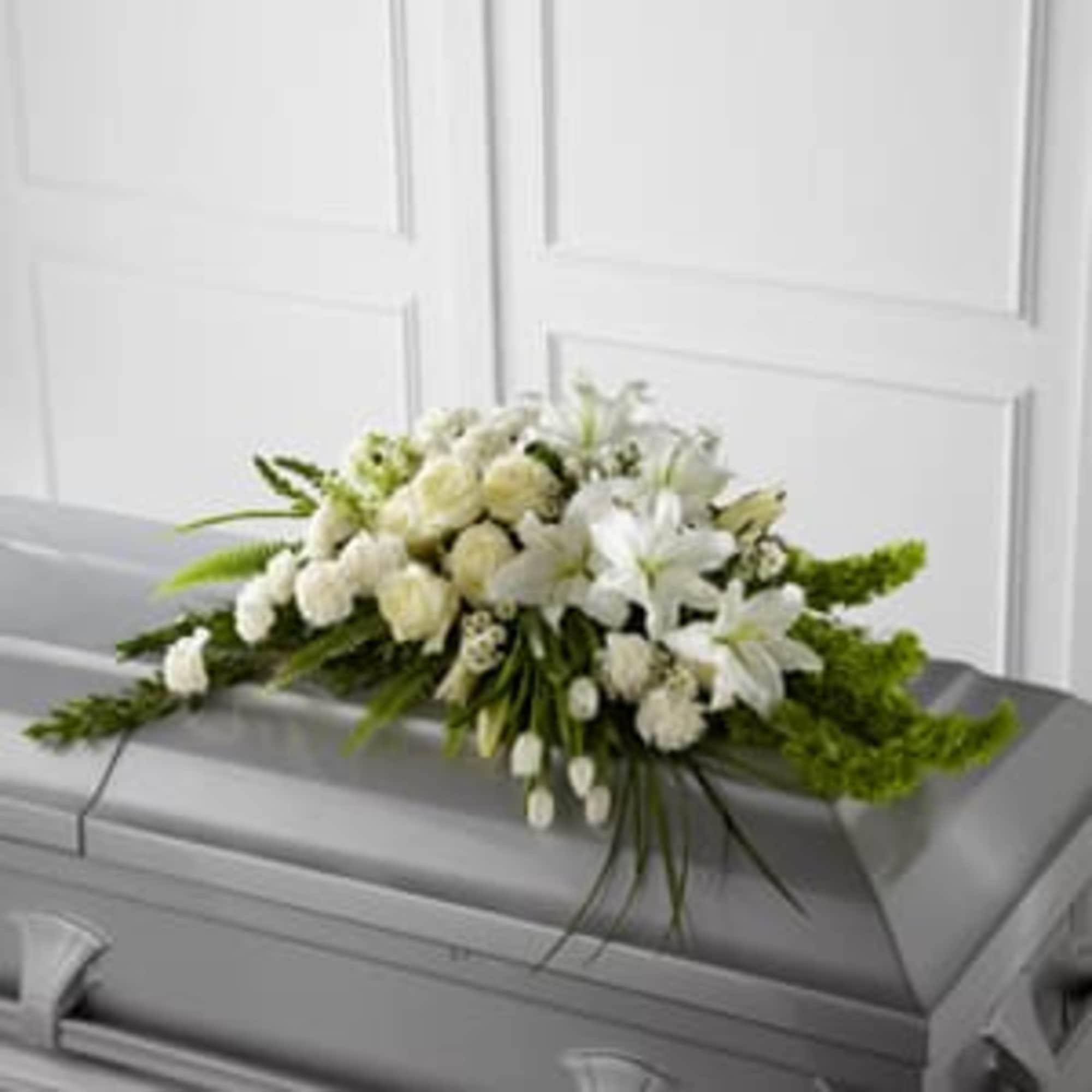 White floral casket spray with lilies and roses, photo 3 of 3
