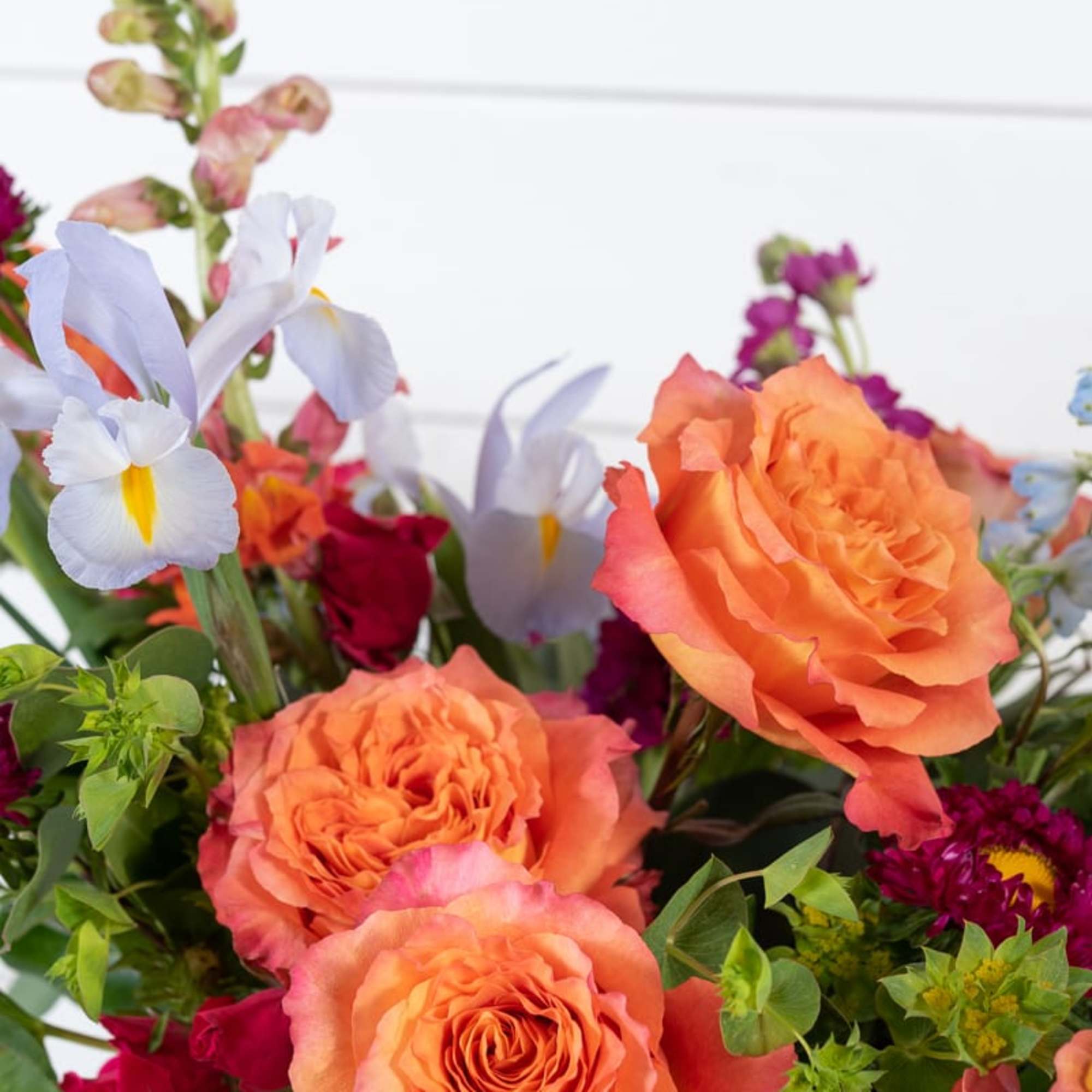 Bouquet of orange and pink roses with white irises and purple flowers