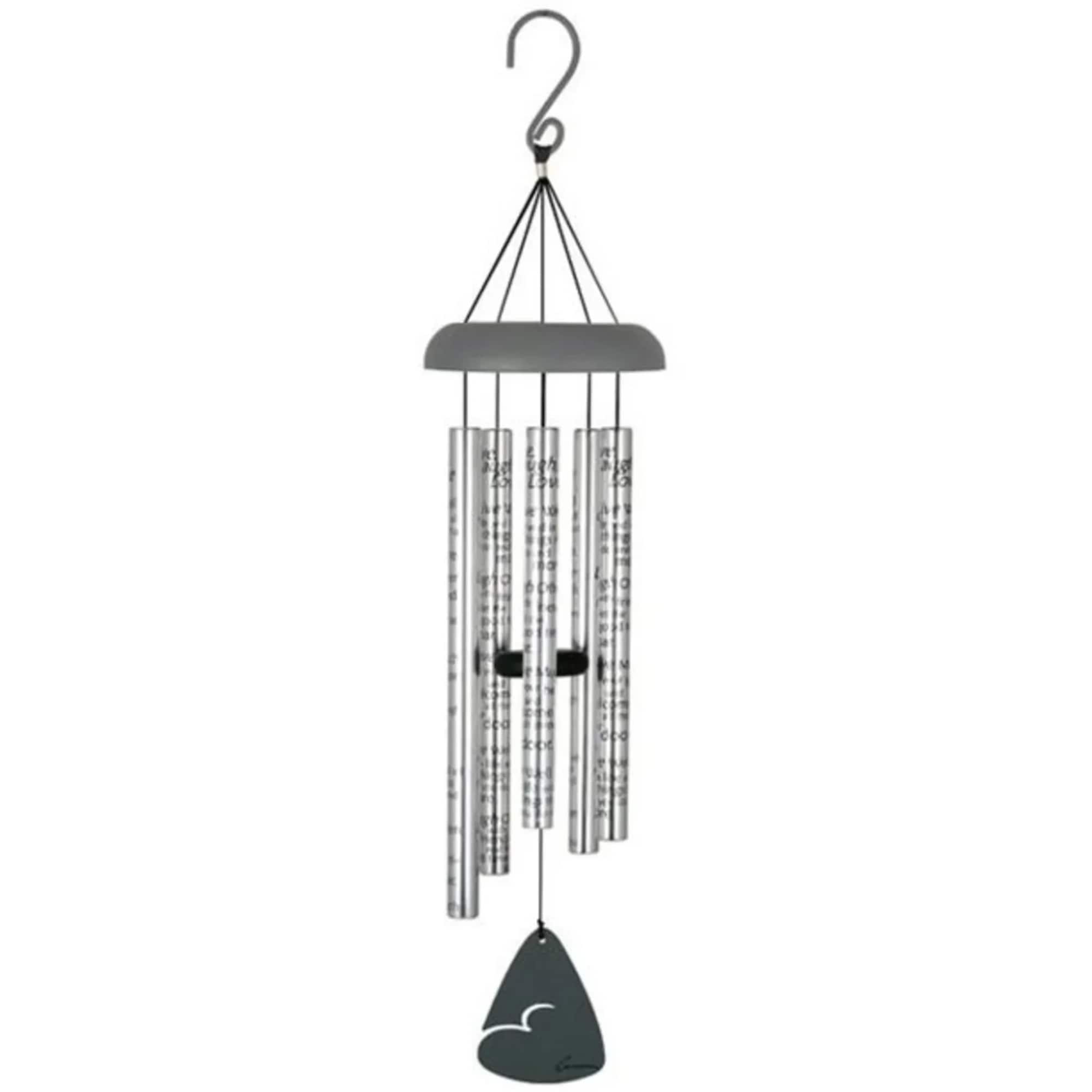 Metal wind chime with silver tubes and a dark hanging clapper