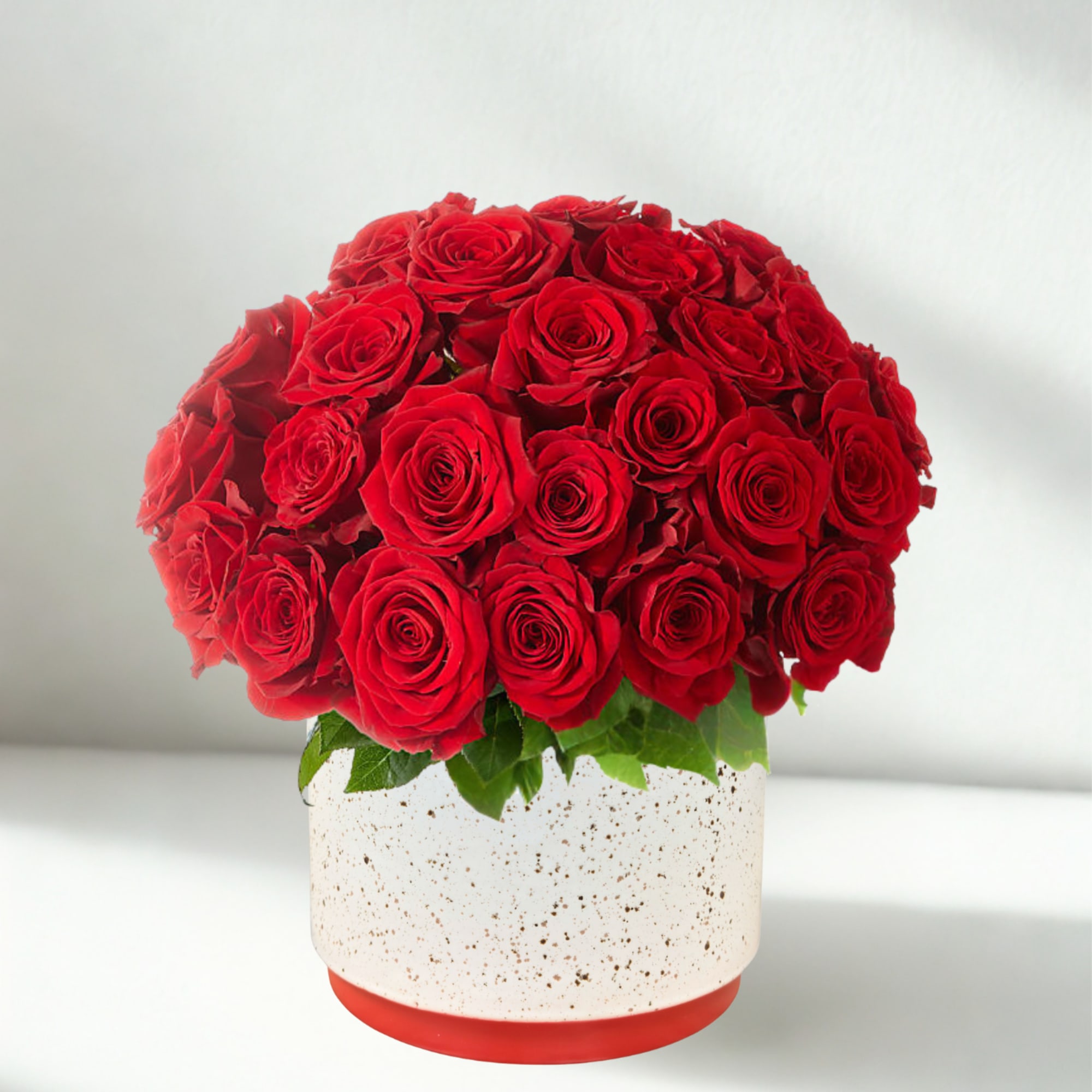 Red roses arranged in a round white speckled vase