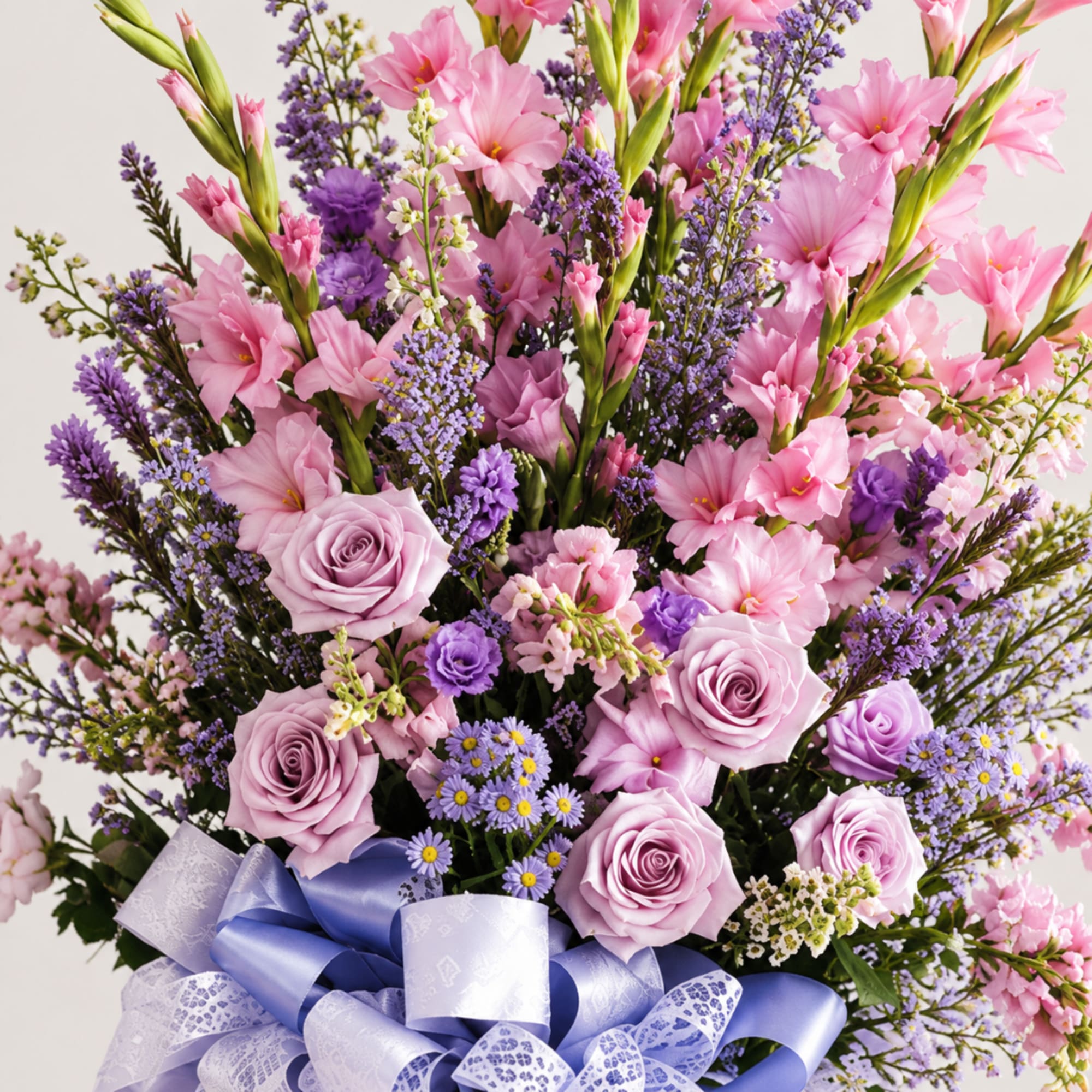 Pink and lavender bouquet with roses, daisies, and a blue ribbon bow