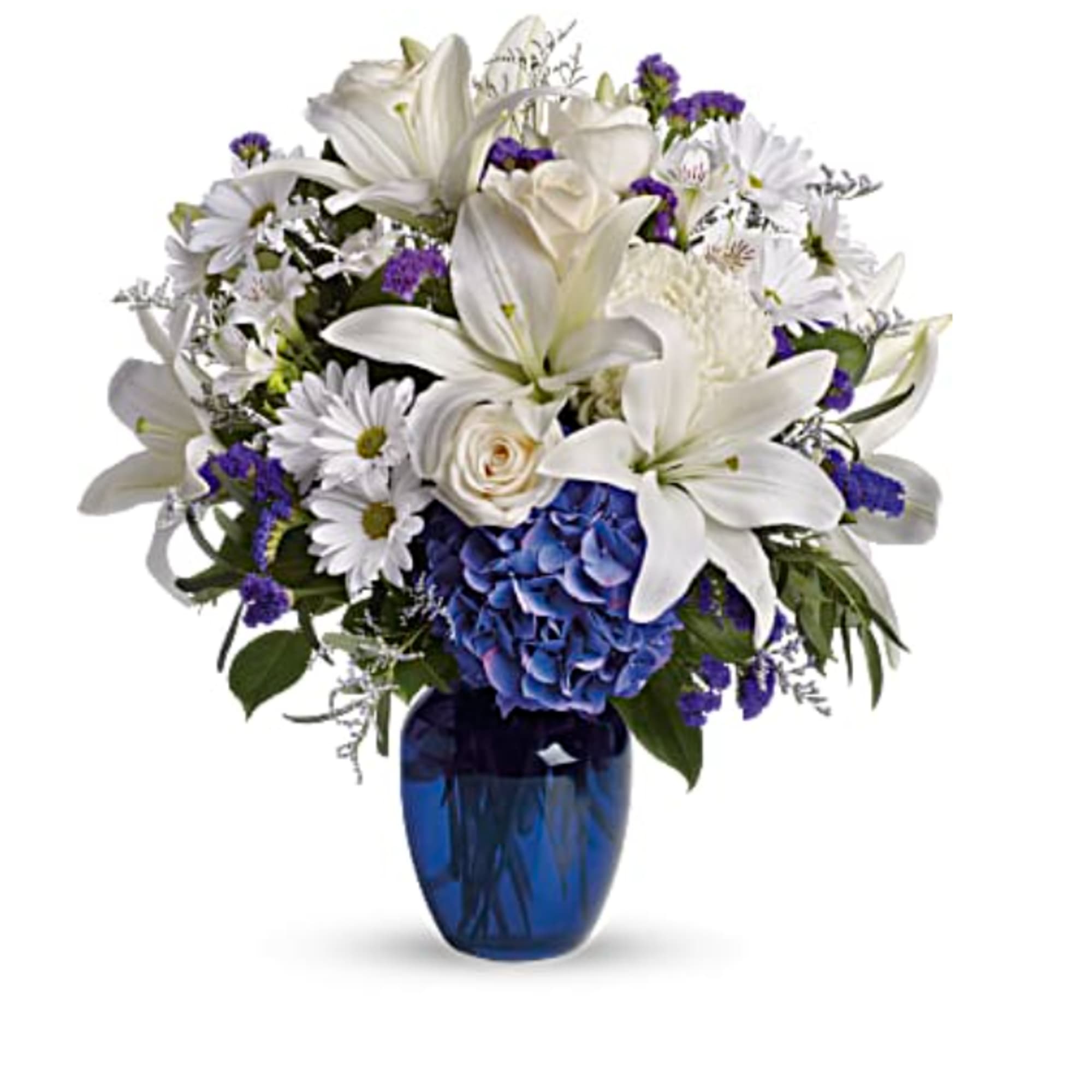 Blooms such as blue hydrangea, cr&egrave;me roses, graceful white oriental lilies, white