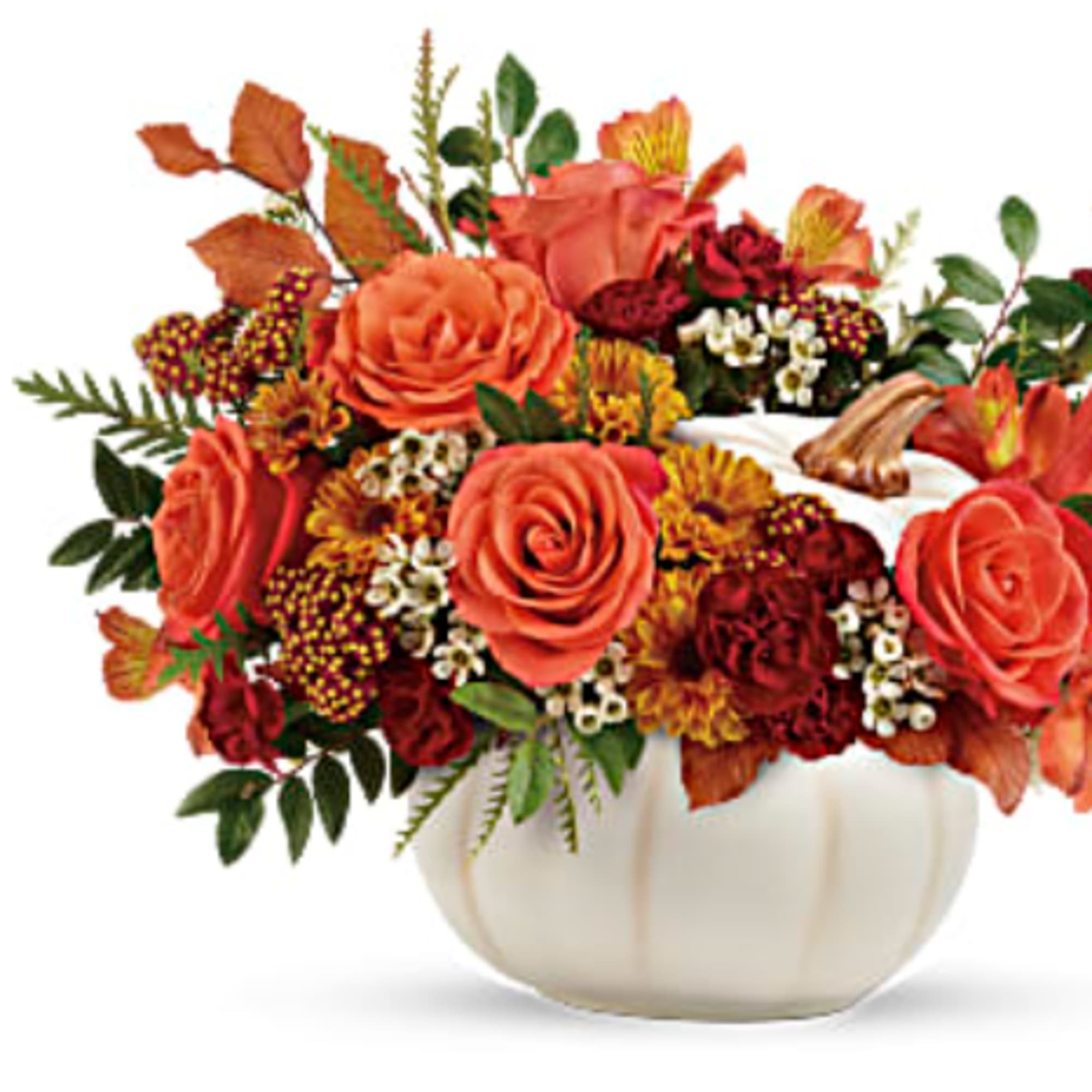 Orange roses, orange alstroemeria, miniature maroon carnations, and yellow viking daisy spray