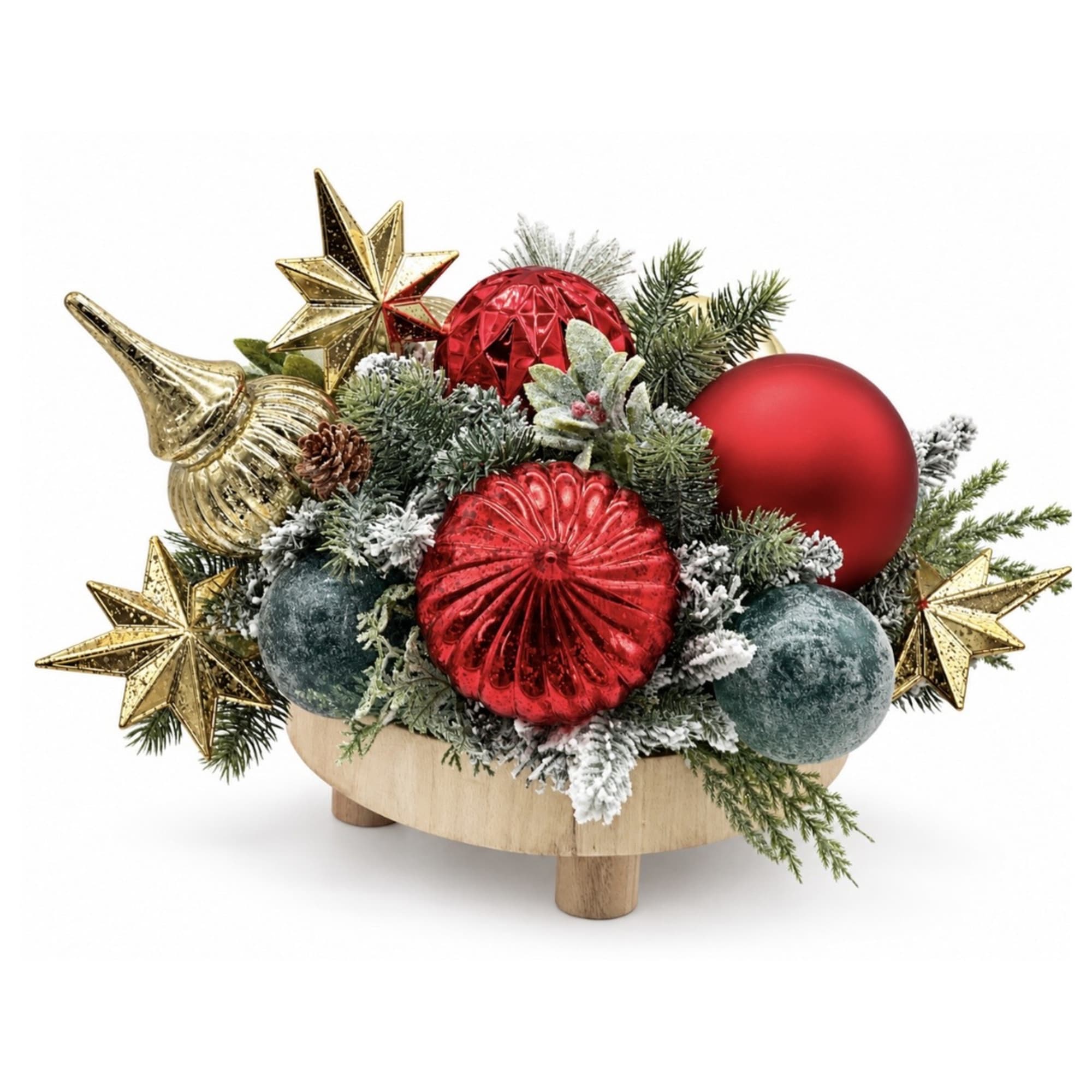 Christmas centerpiece with red and gold ornaments and frosted evergreens