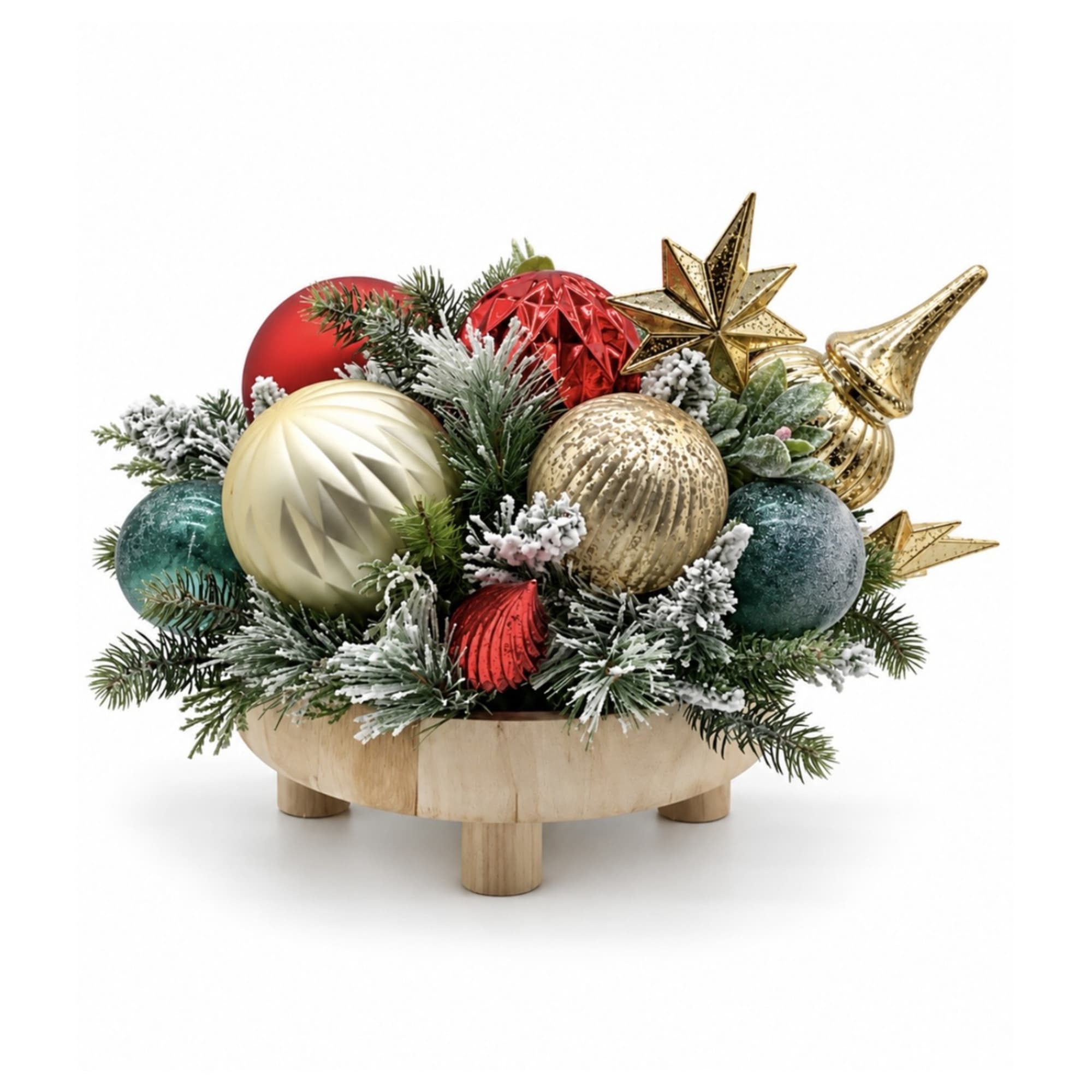 Christmas centerpiece with ornaments and frosted evergreen in a wooden bowl