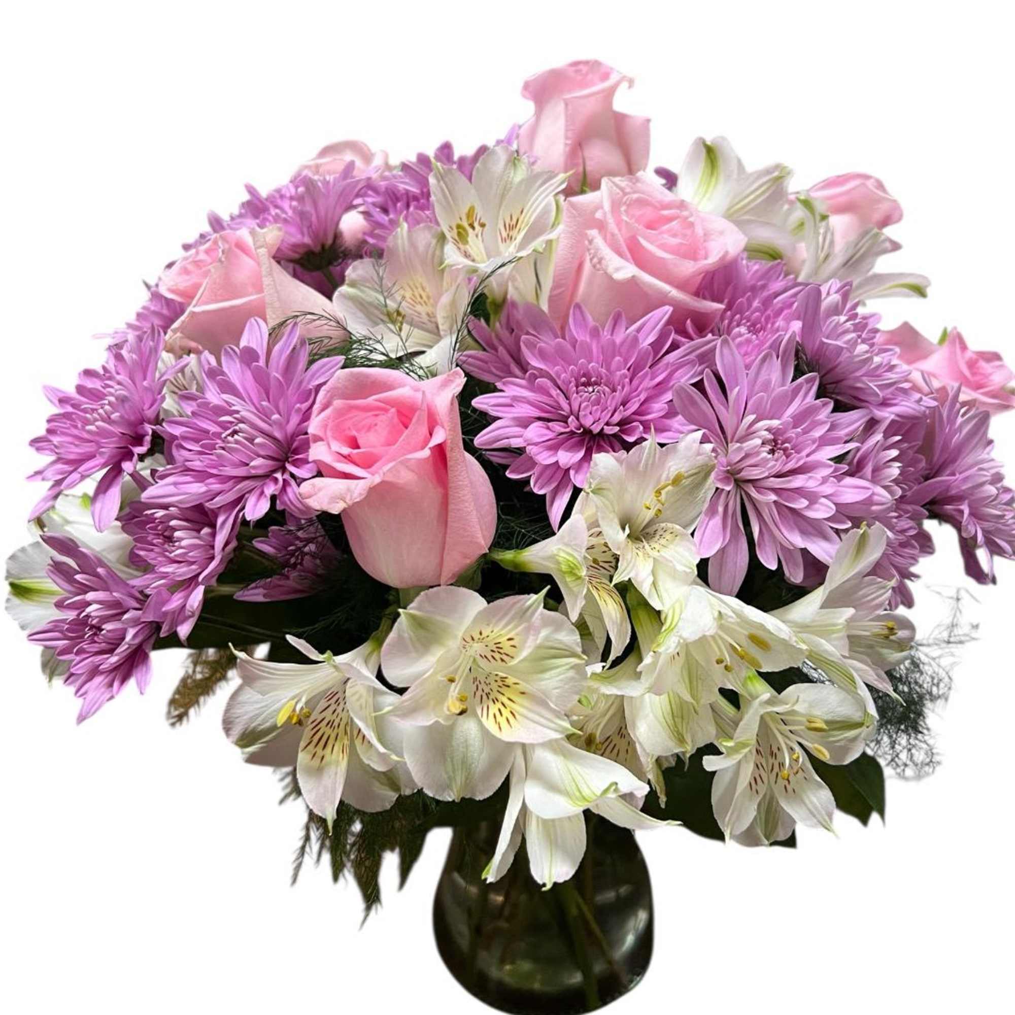 Pink roses and purple chrysanthemums in a glass vase with white alstroemeria