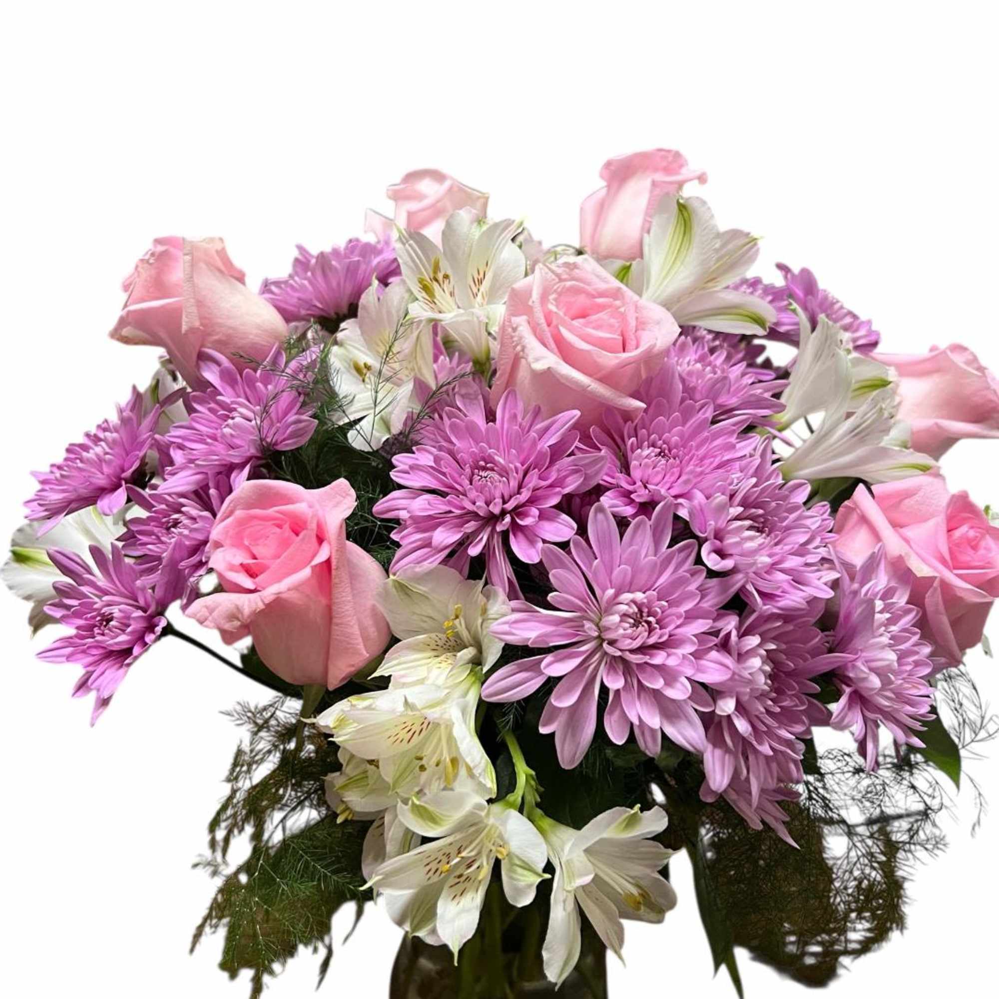 Pink roses and purple daisies arranged in a dark glass vase