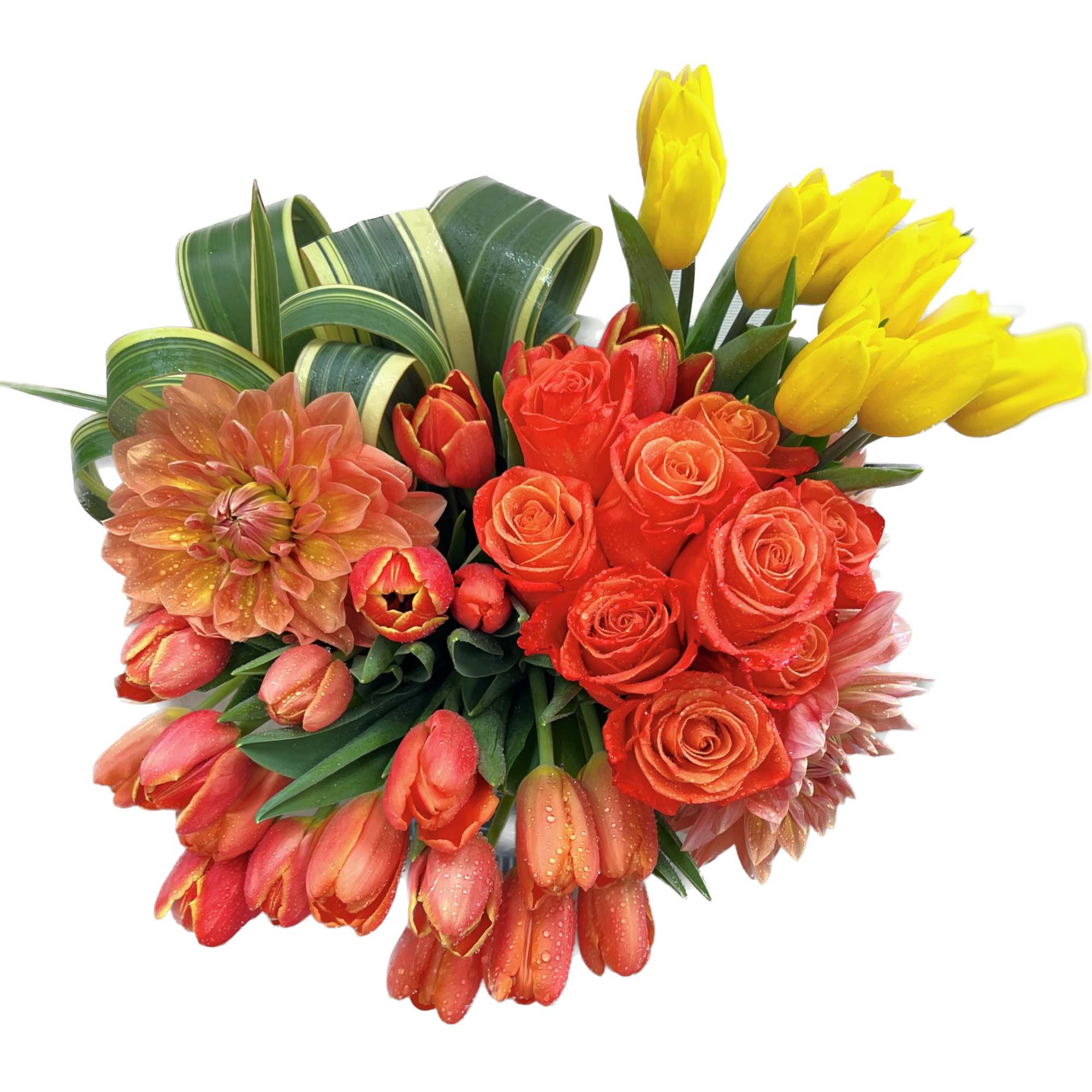 Bouquet of red and yellow tulips with orange roses and a dahlia