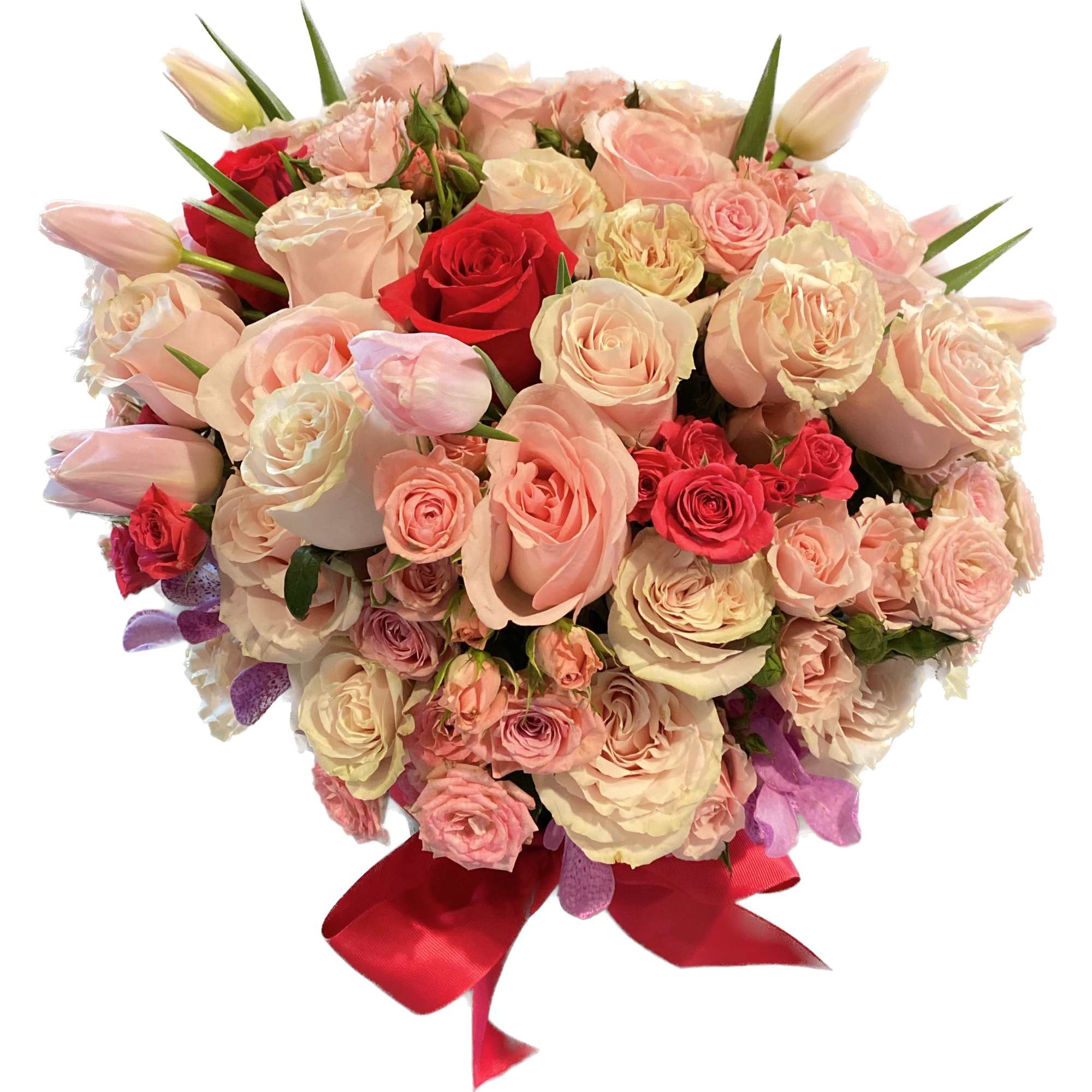 Bouquet of pink and red roses with tulips and a red ribbon