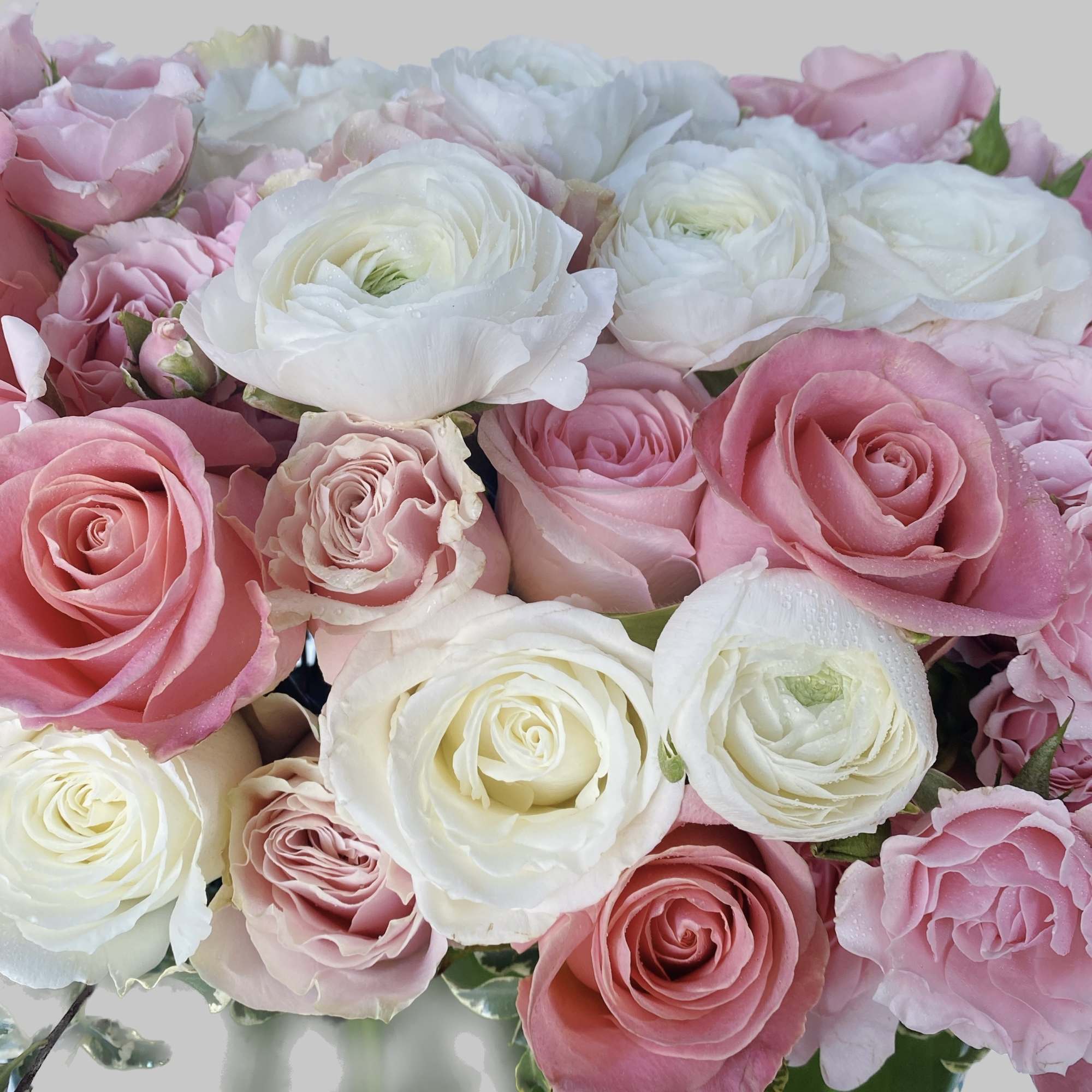 Bouquet of pink and white roses and ranunculus