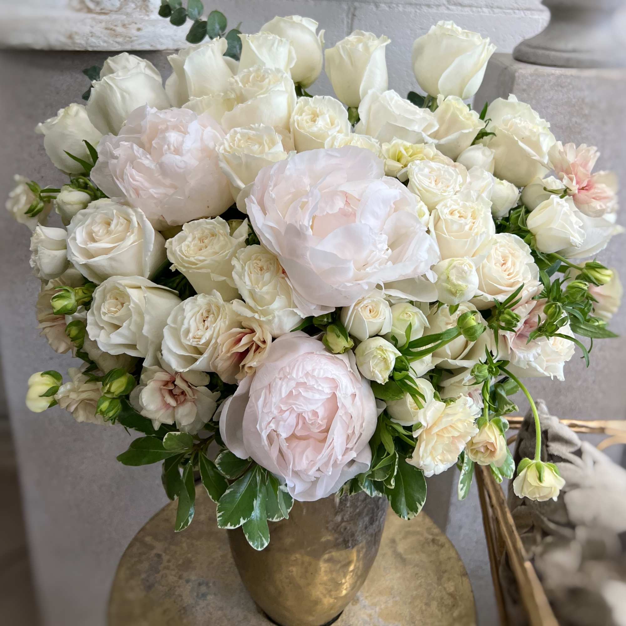 Cream and blush bouquet of roses and peonies in a gold vase, photo 2 of 2