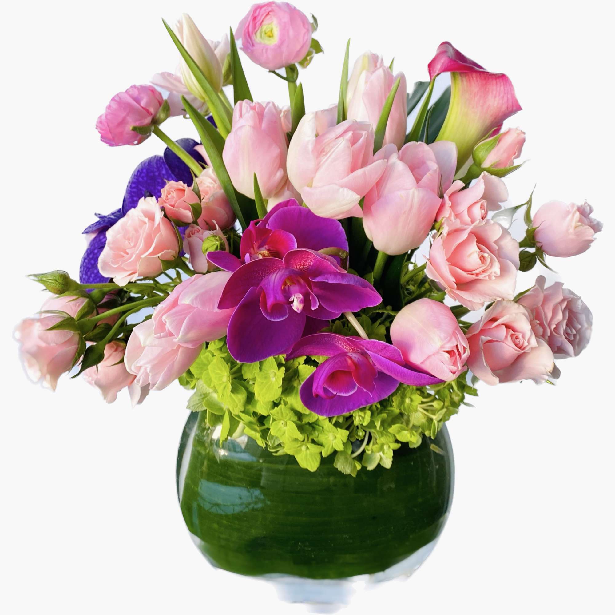 Pink tulips, roses, and purple orchids in a green glass vase