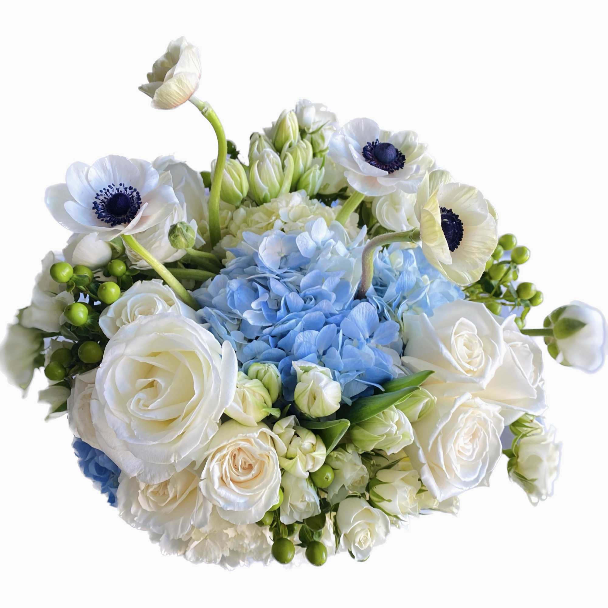 White and blue bouquet with roses, hydrangea, and anemones