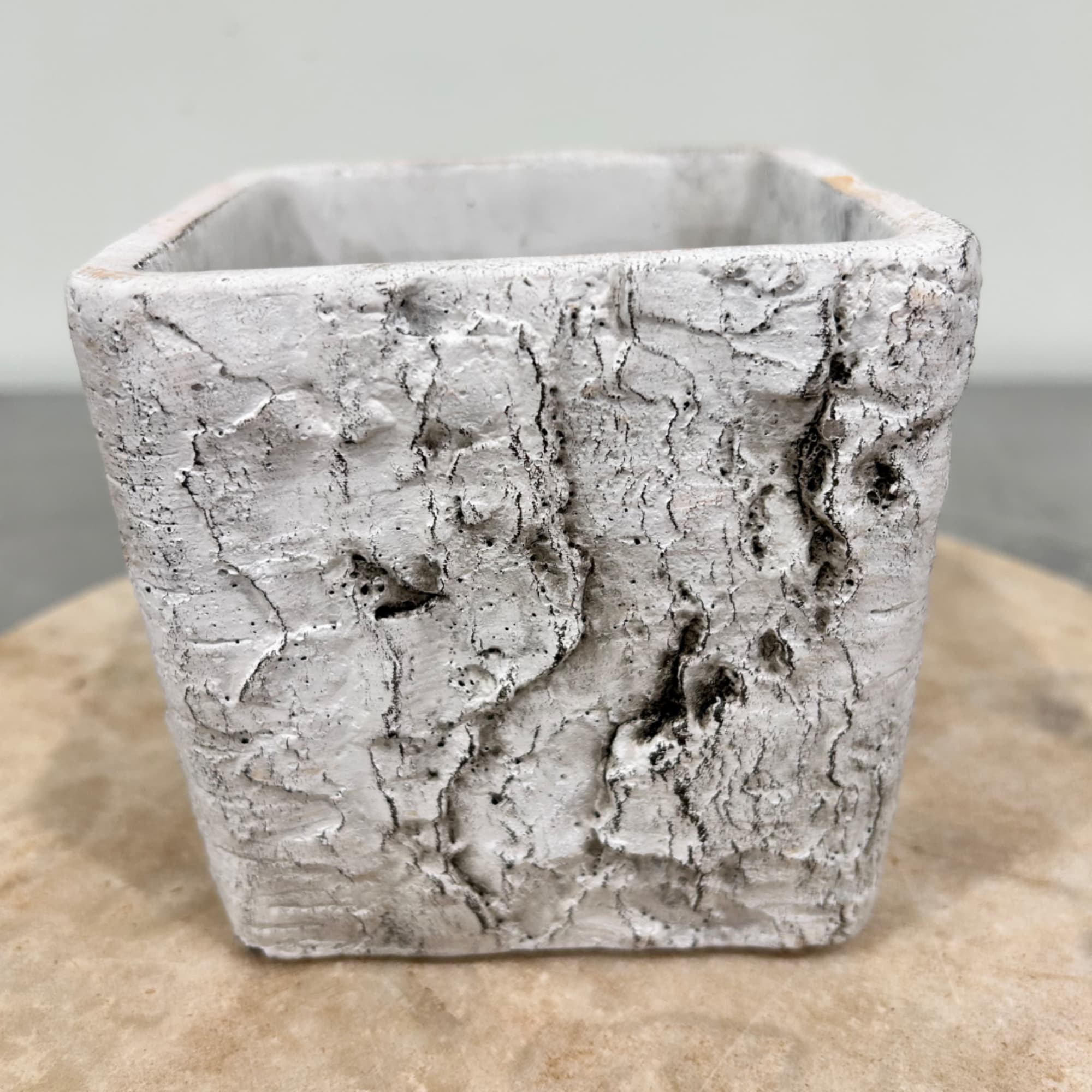 Textured white square ceramic planter on a round surface