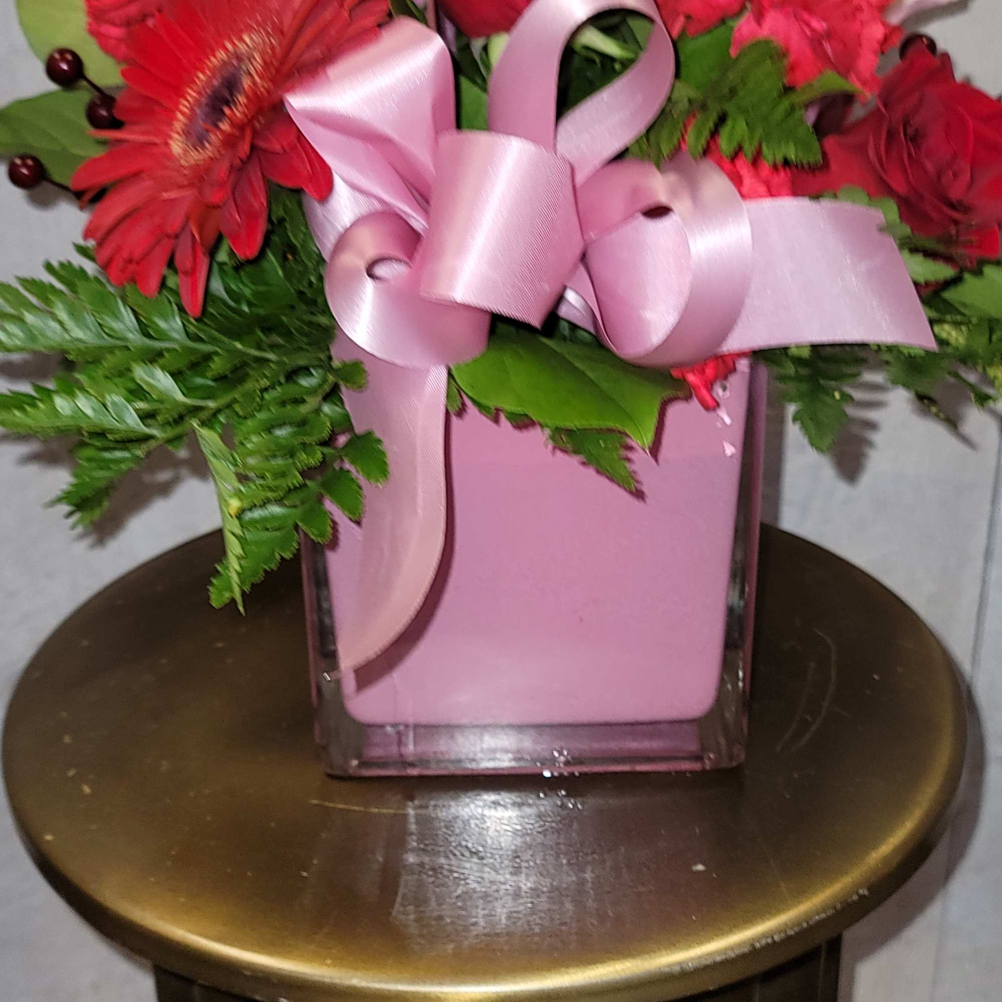 Roses, Oriental lilies, Gerber Daisy, and Carnations in a square vase, photo 2 of 3