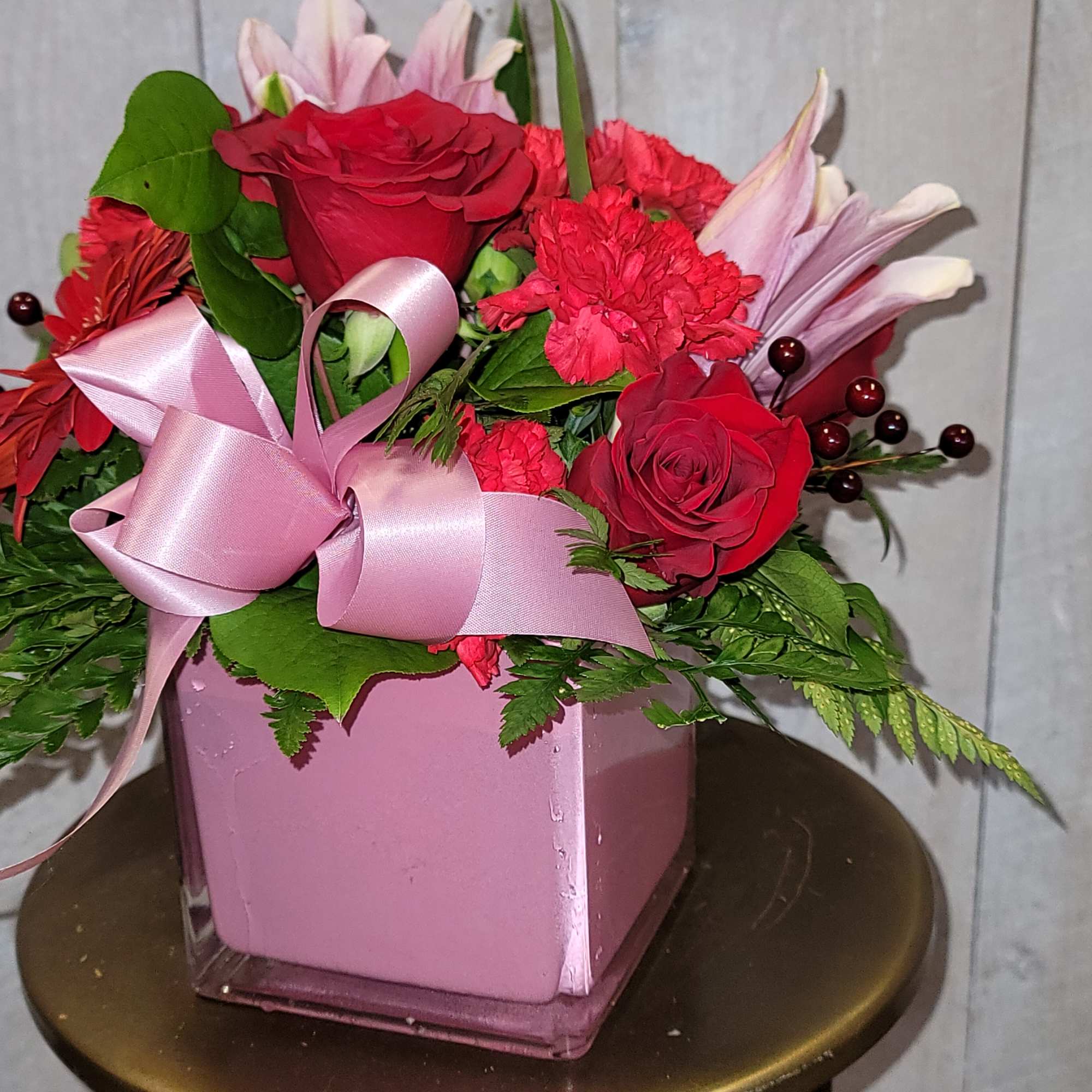 Roses, Oriental lilies, Gerber Daisy, and Carnations in a square vase, photo 3 of 3