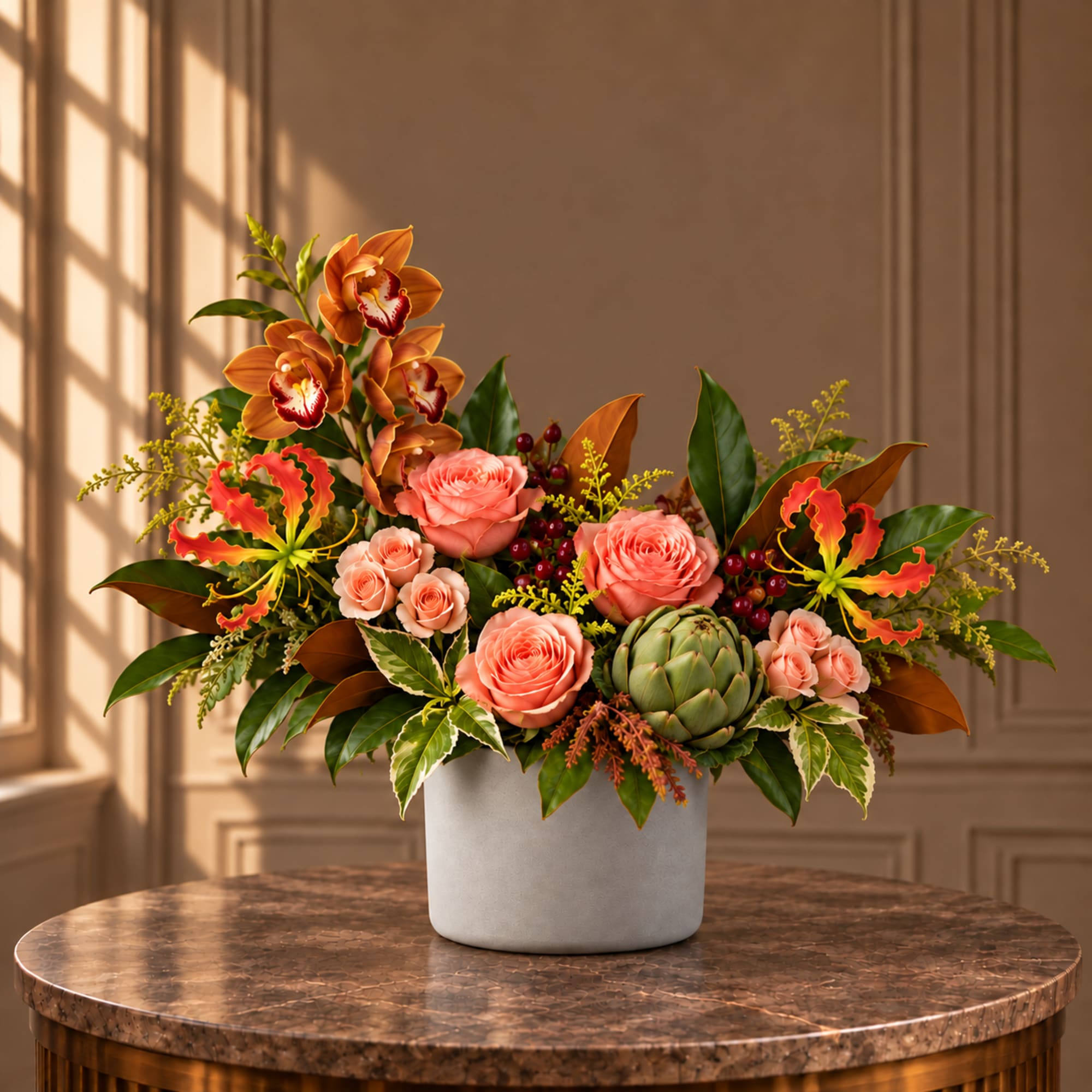 Coral roses and orange orchids in a white vase with tropical foliage