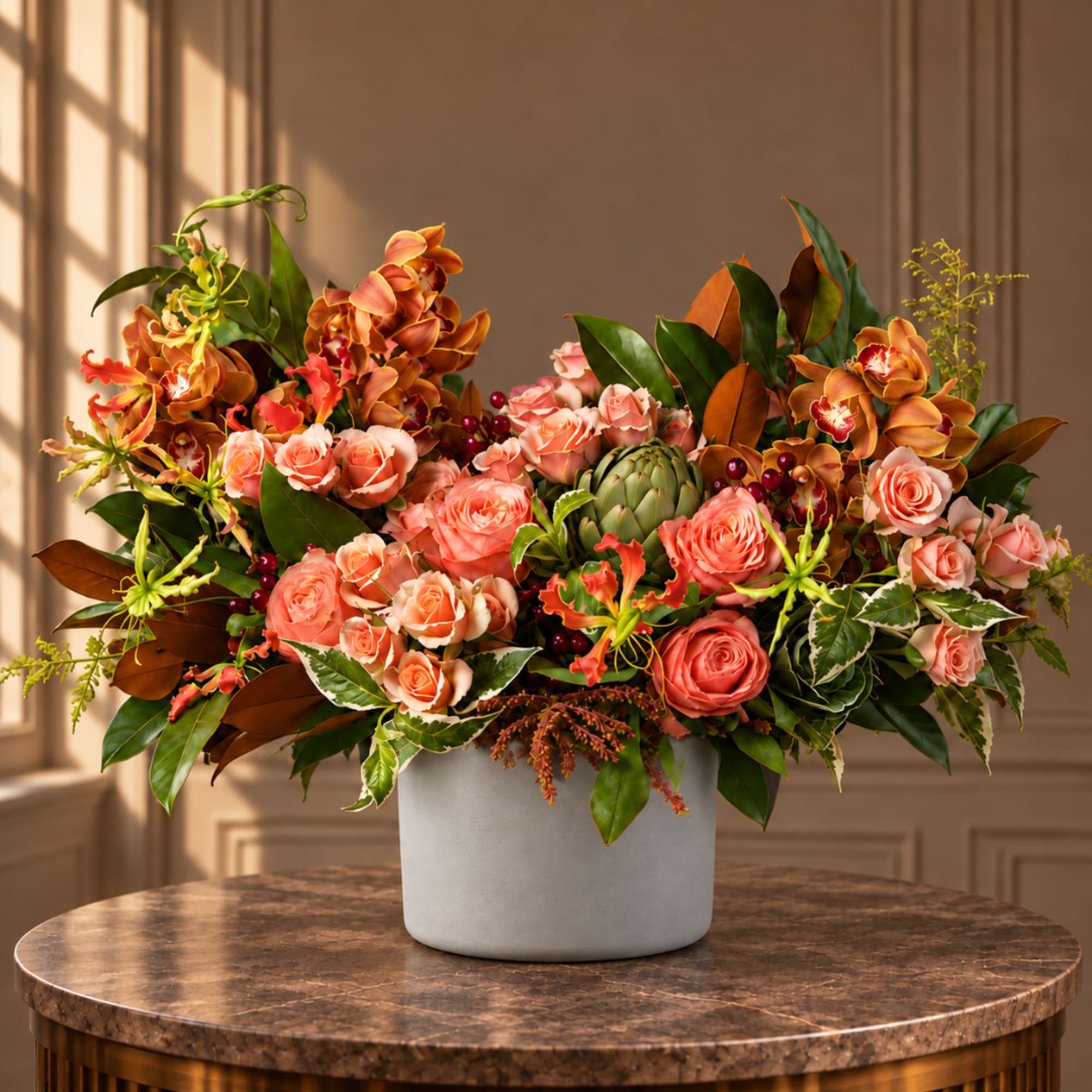 Large floral arrangement of peach roses and orange orchids in a white vase