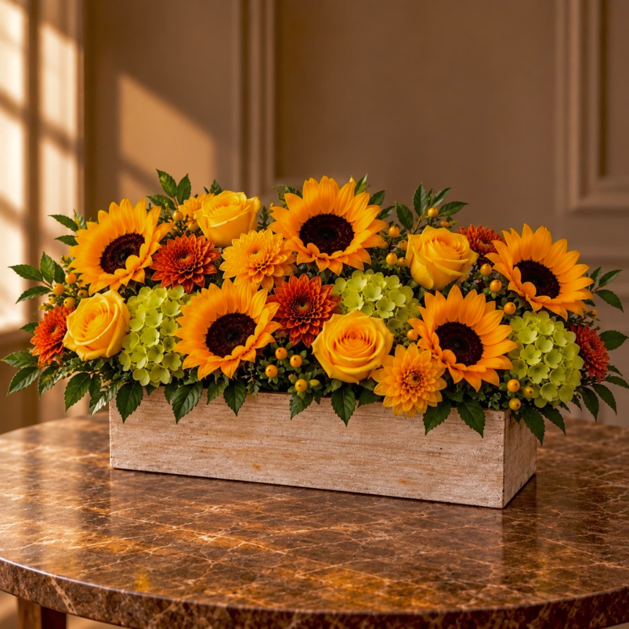Sunflower and yellow rose arrangement in a rectangular wooden box