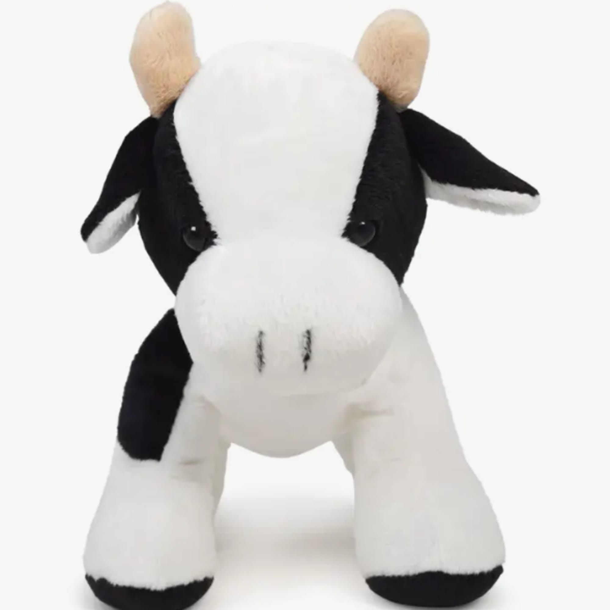 Black-and-white plush cow toy facing forward