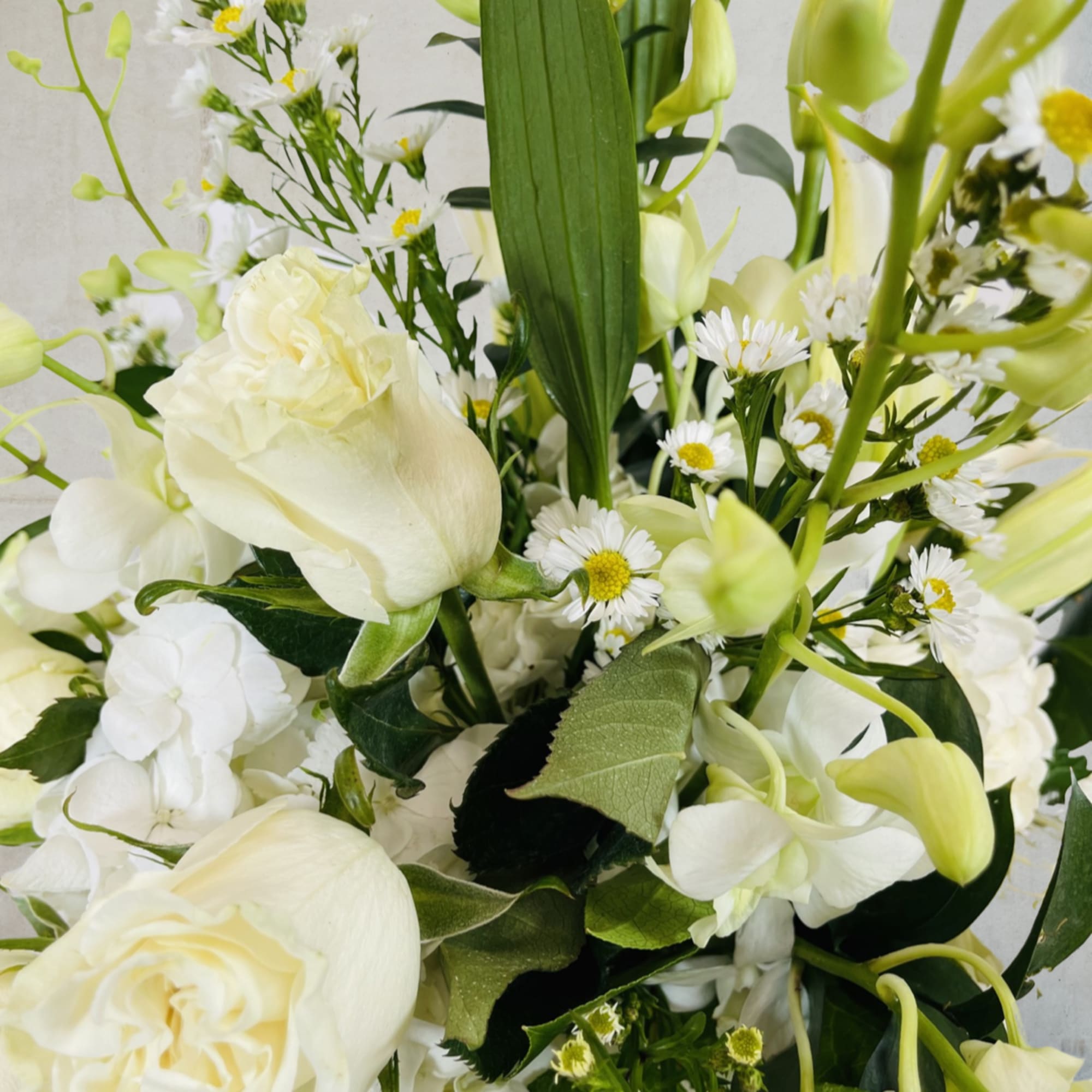 White roses and small daisy-like flowers in a mixed bouquet