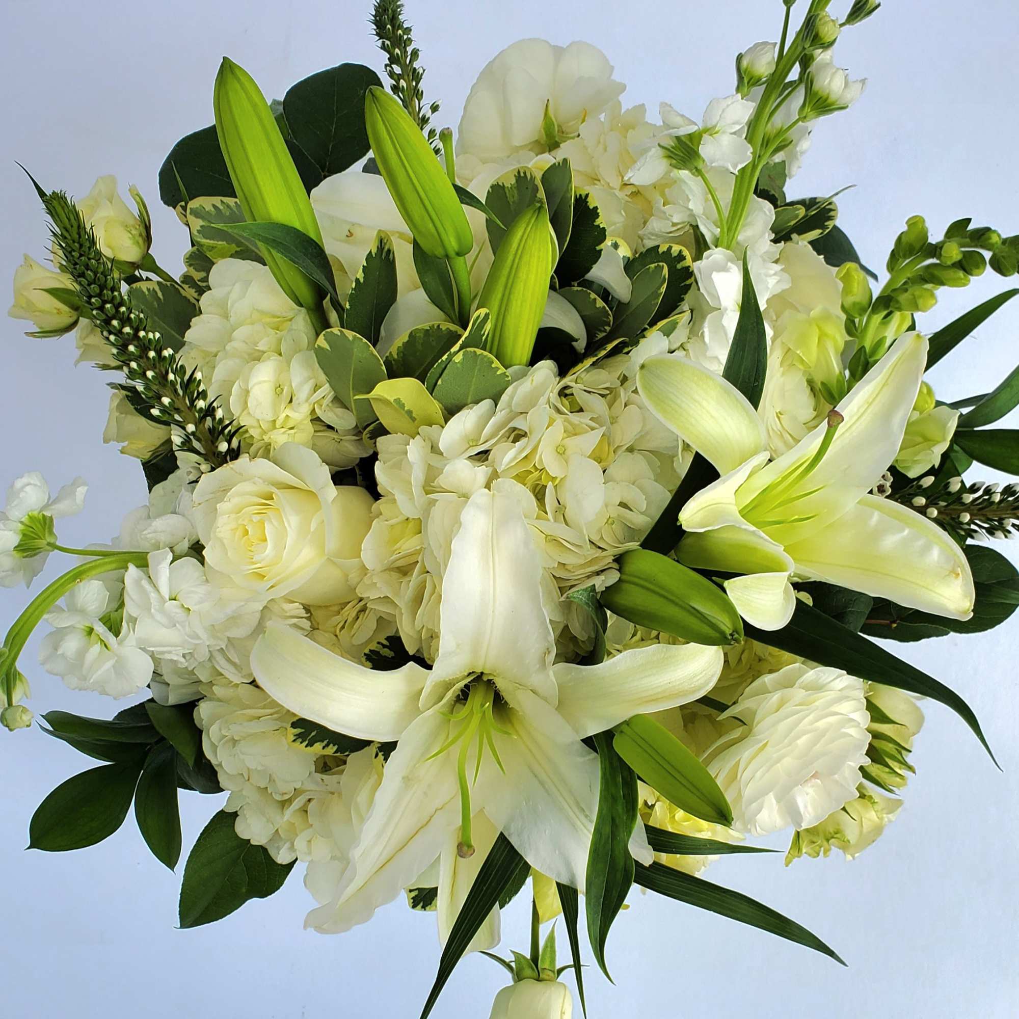 All-white arrangement of lilies, roses, hydrangeas, and stock in a rounded bouquet style