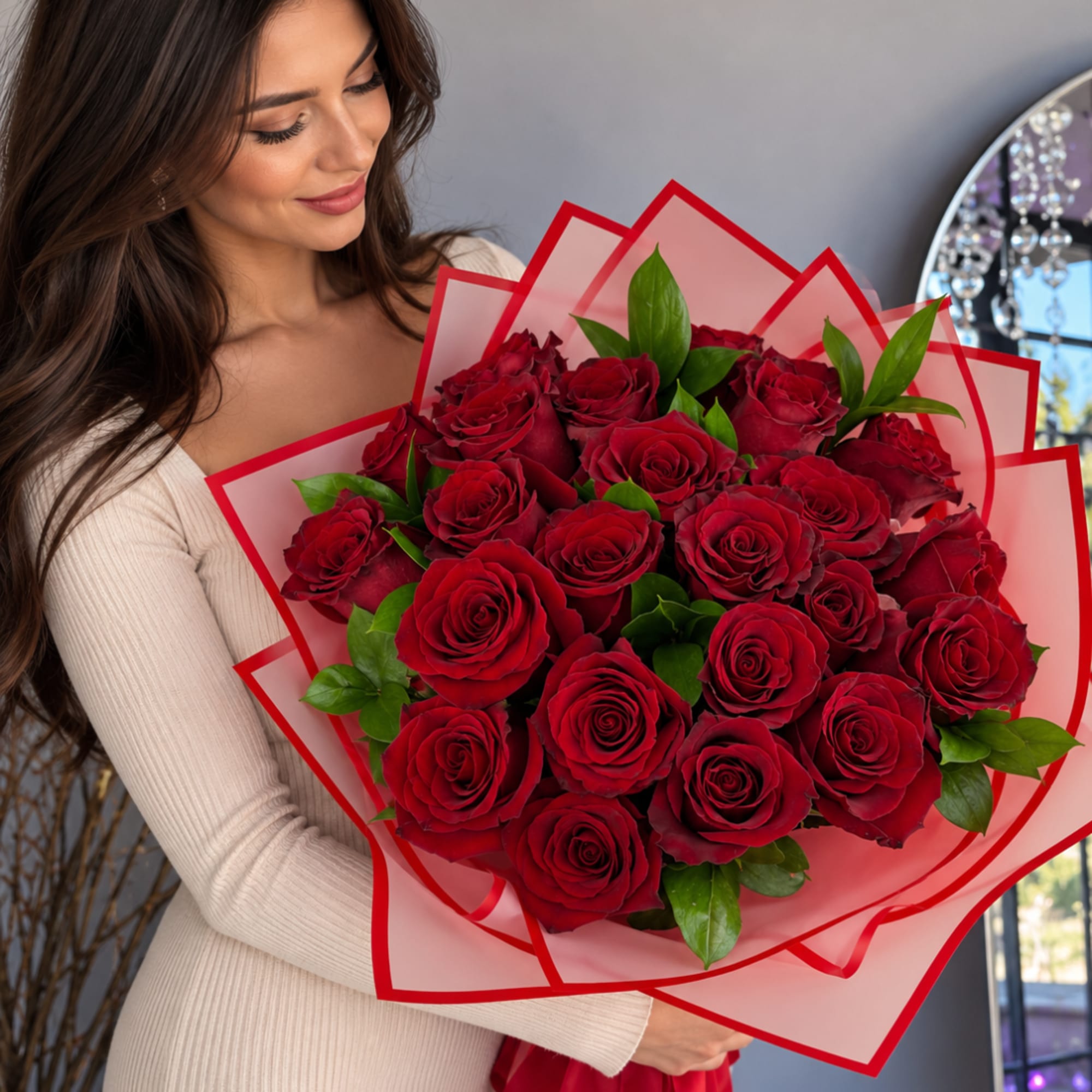 Woman holding a bouquet of red roses wrapped in pink paper