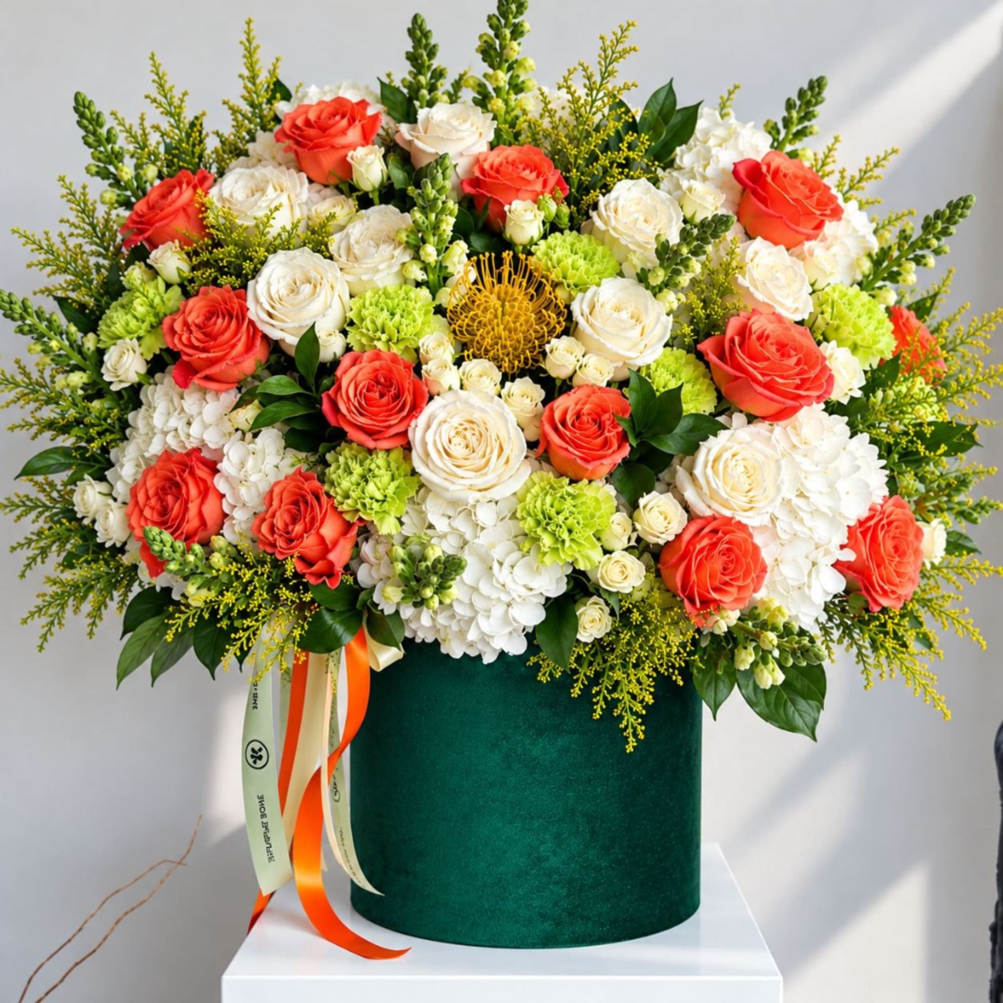 Mixed roses and white blooms in a green velvet box with ribbon tails