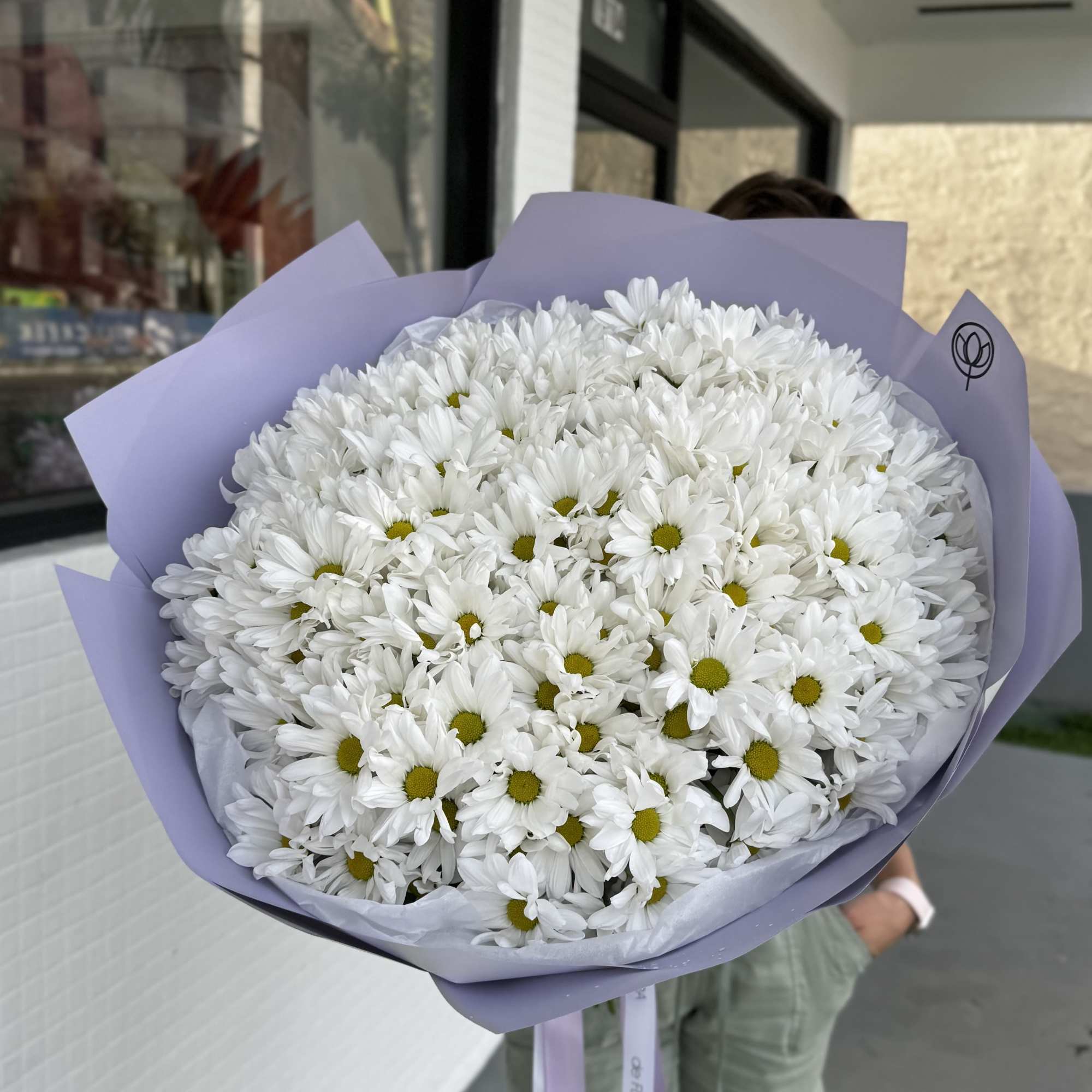 Large bouquet of white daisies wrapped in lavender paper