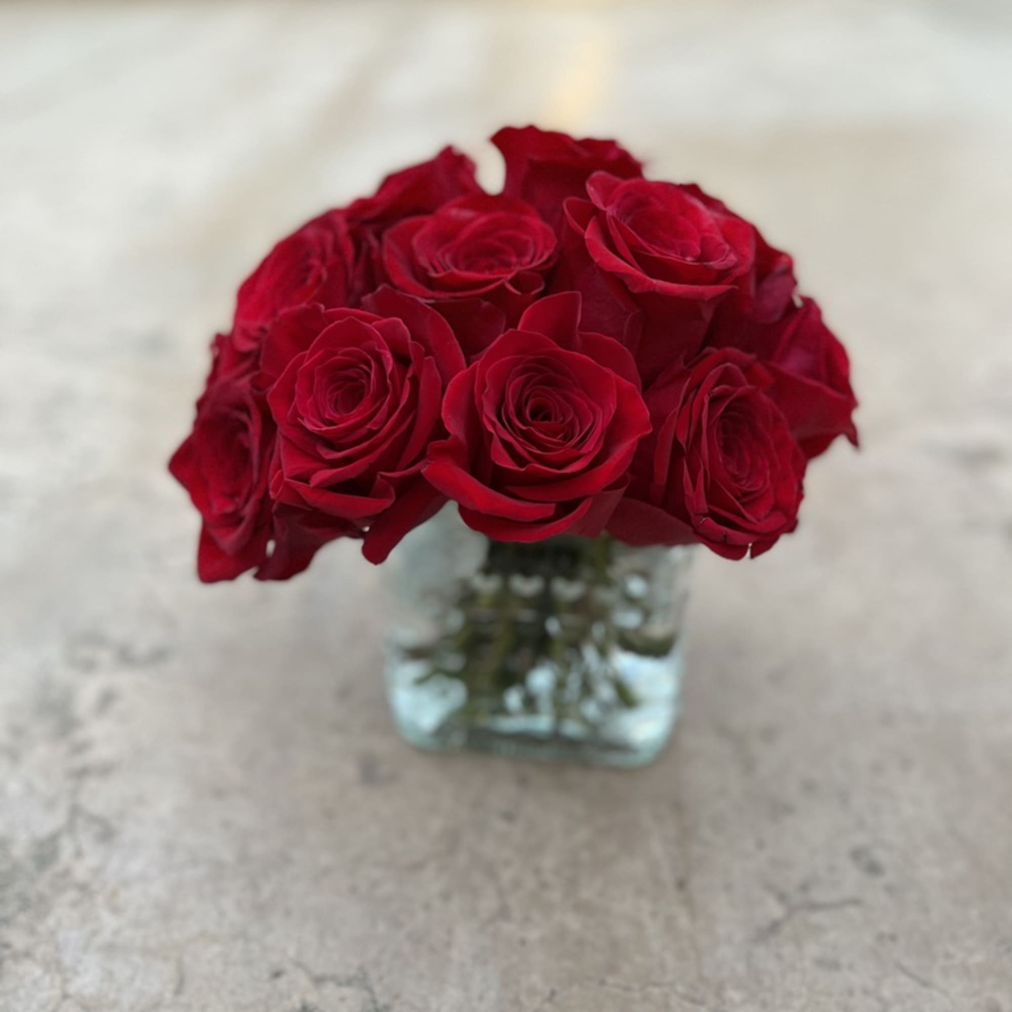 Red roses arranged in a small square glass vase