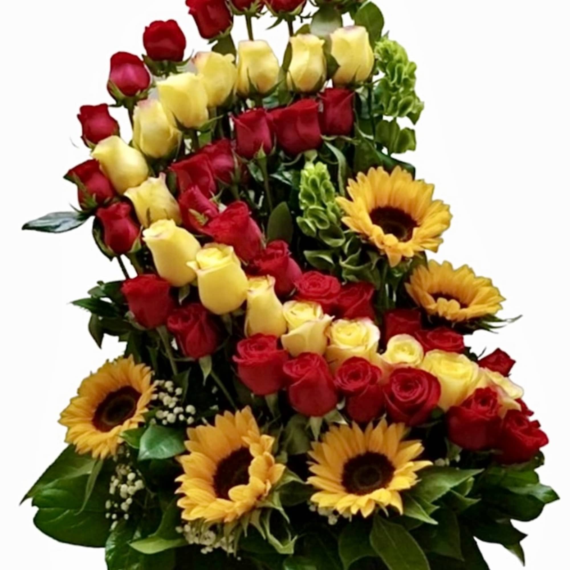 Tiered bouquet of red and yellow roses with sunflowers