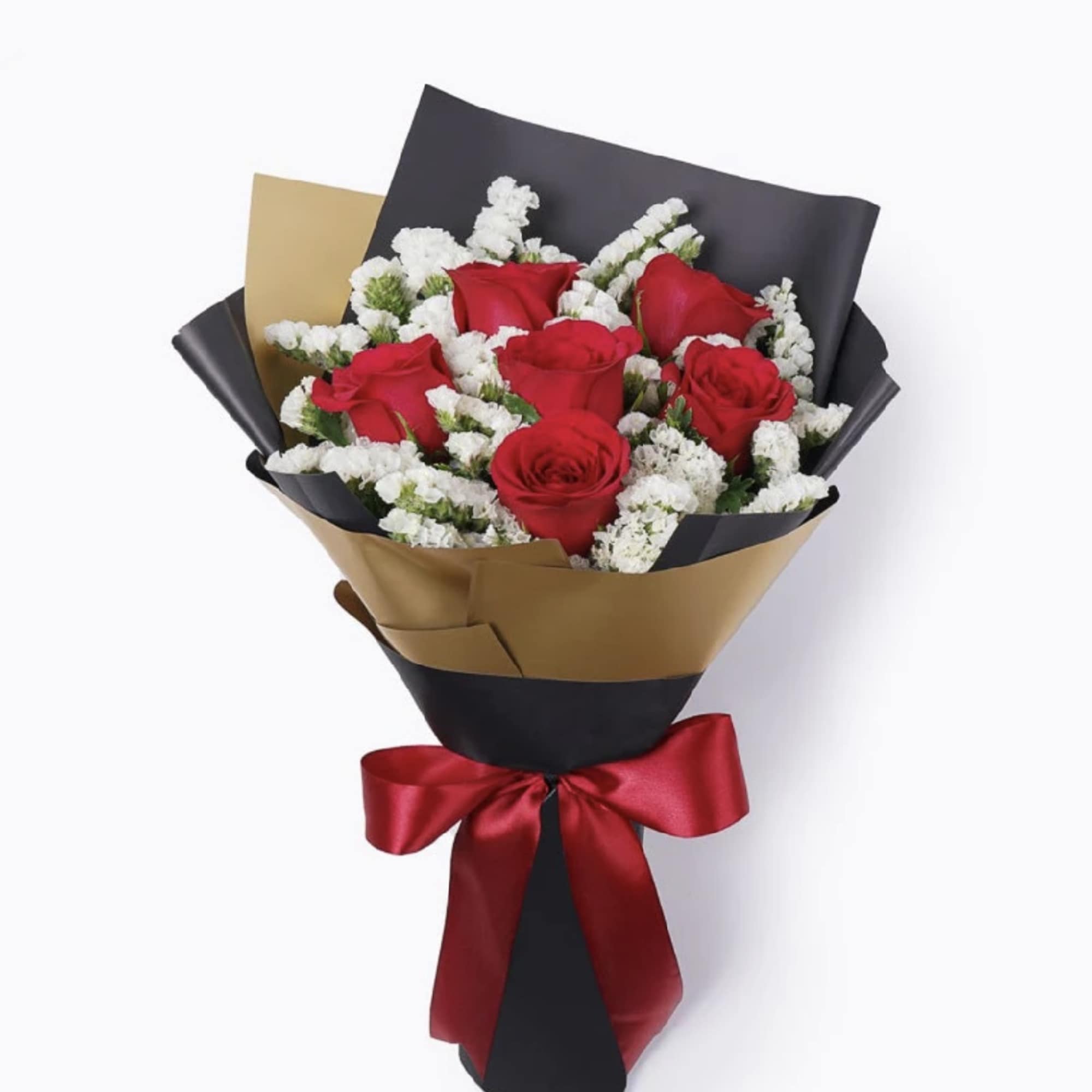 Bouquet of red roses with white filler flowers wrapped in black and gold paper, photo 5 of 5
