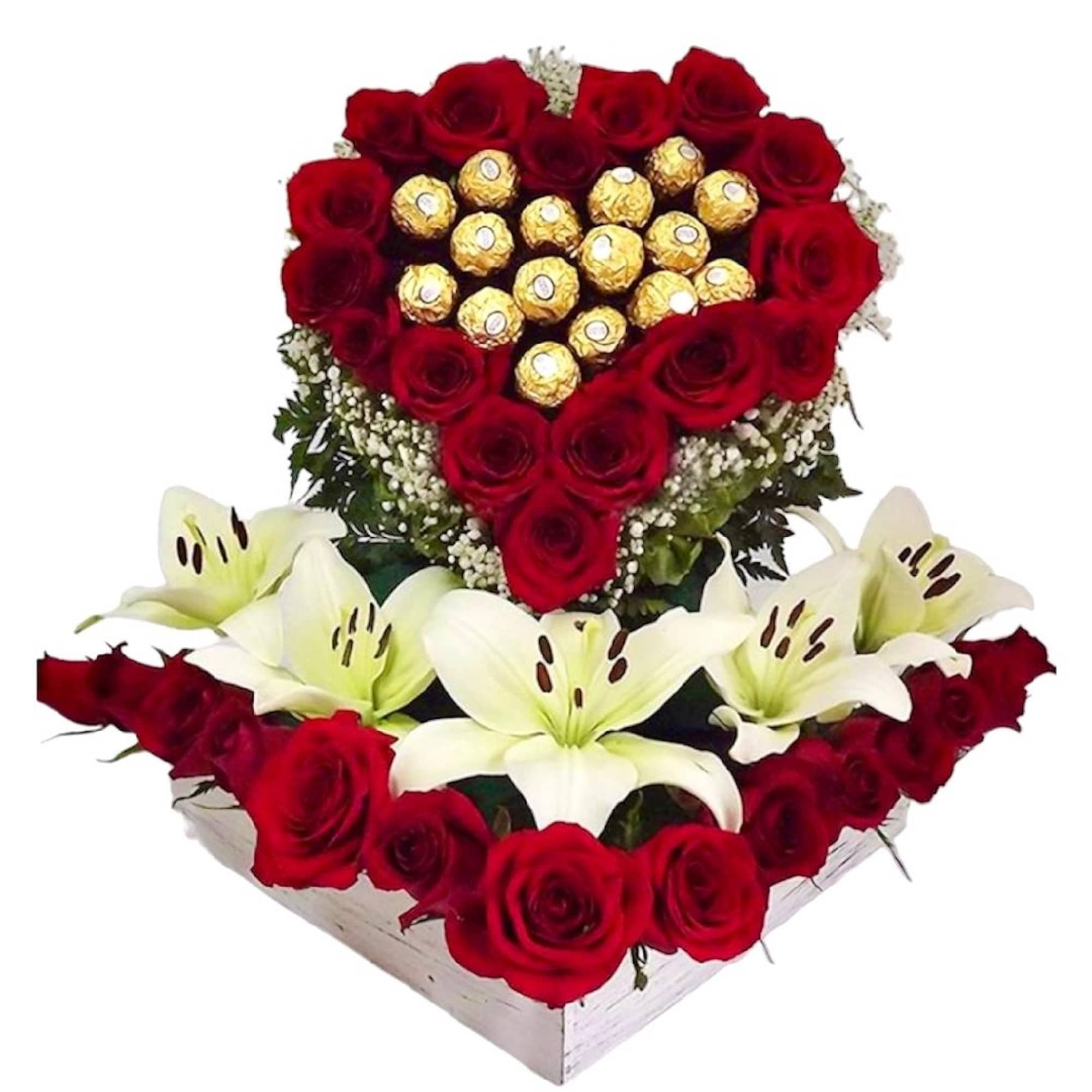 Heart-shaped rose arrangement with lilies and chocolates in a white box