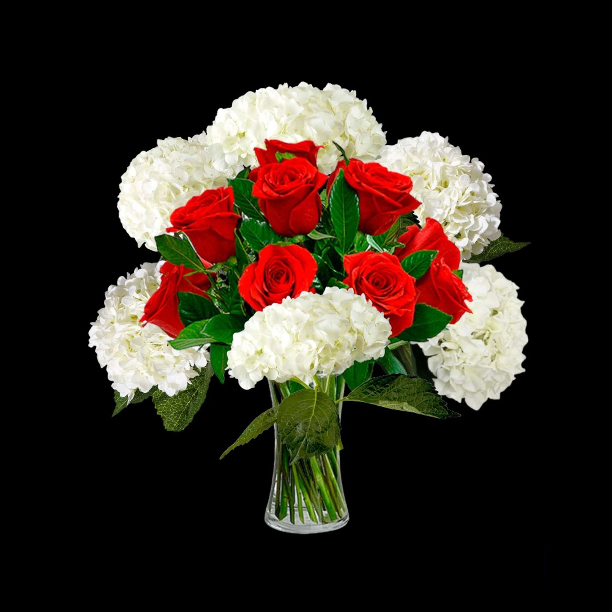 Red roses and white hydrangeas in a clear glass vase, photo 3 of 3