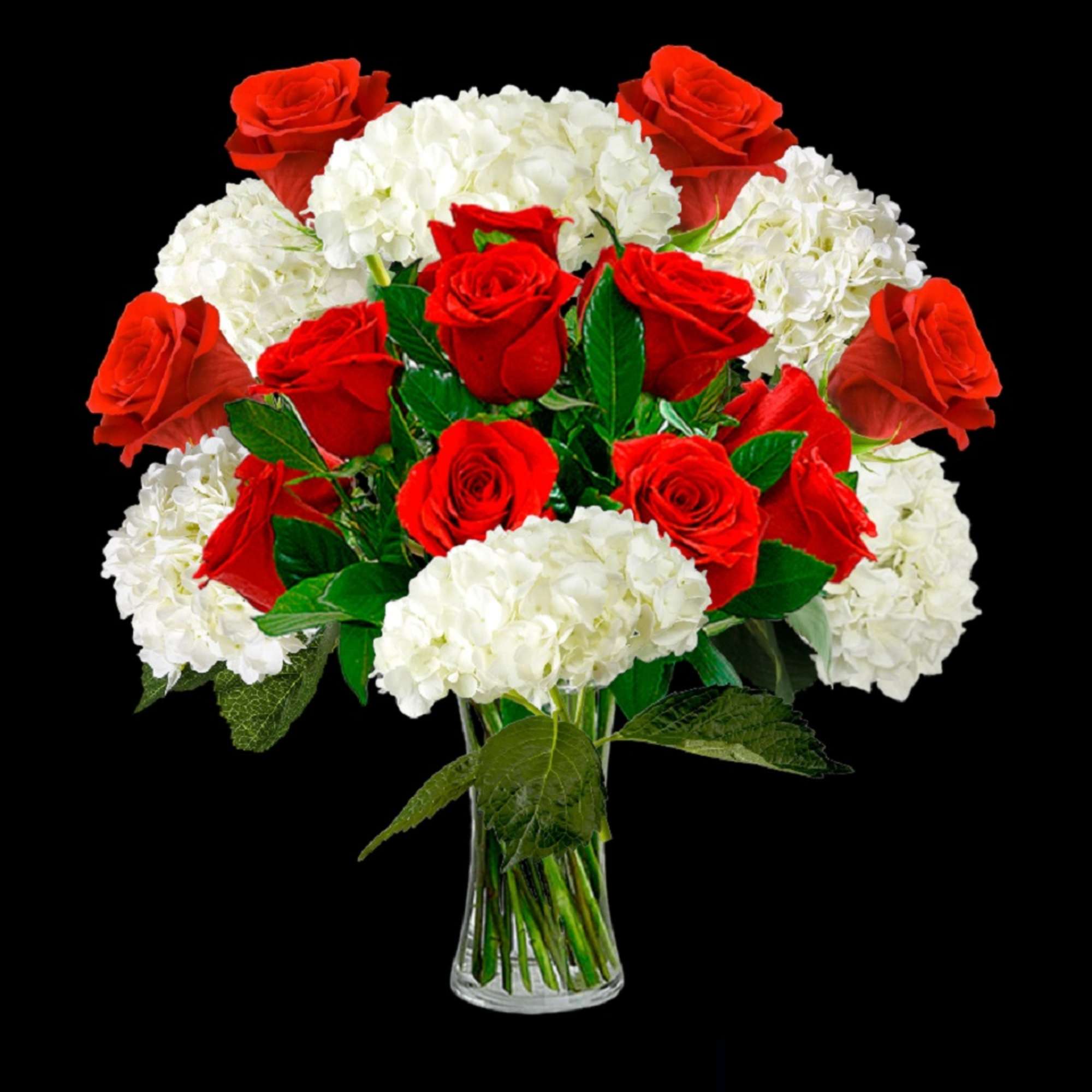 Red roses and white hydrangeas in a clear glass vase, photo 4 of 4