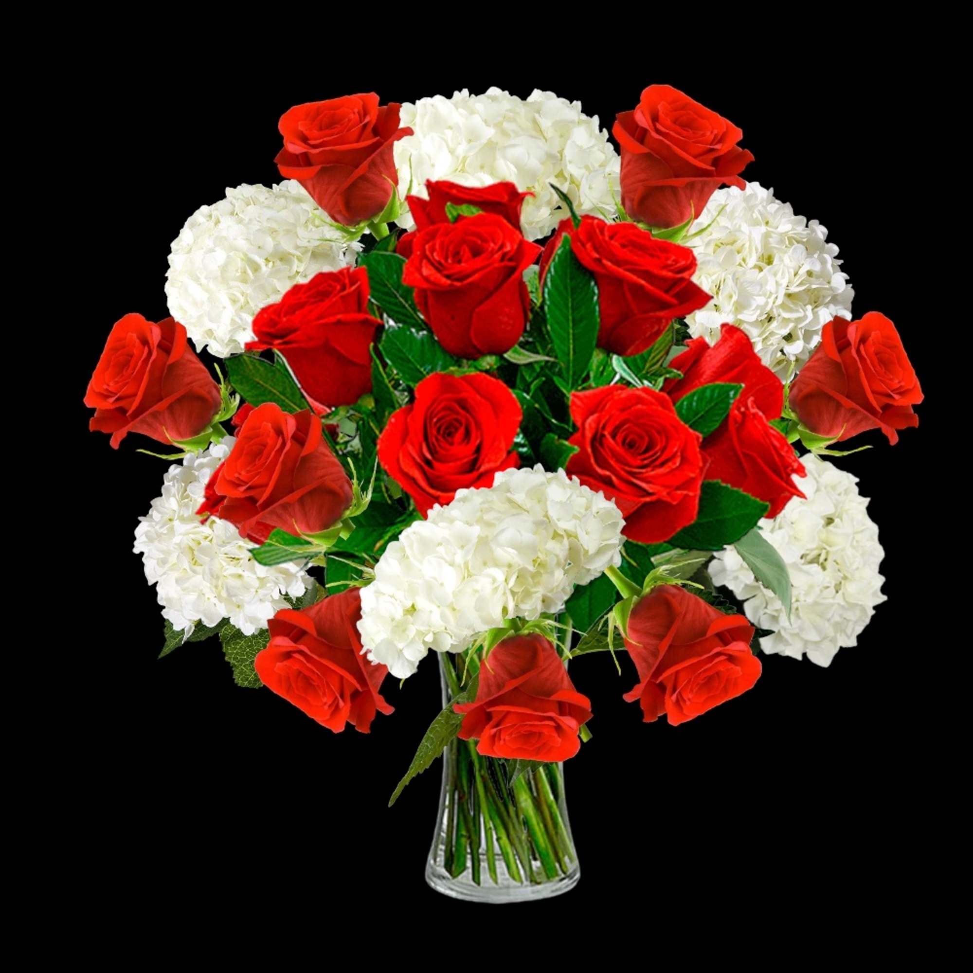 Red roses and white hydrangeas in a clear glass vase, photo 4 of 4