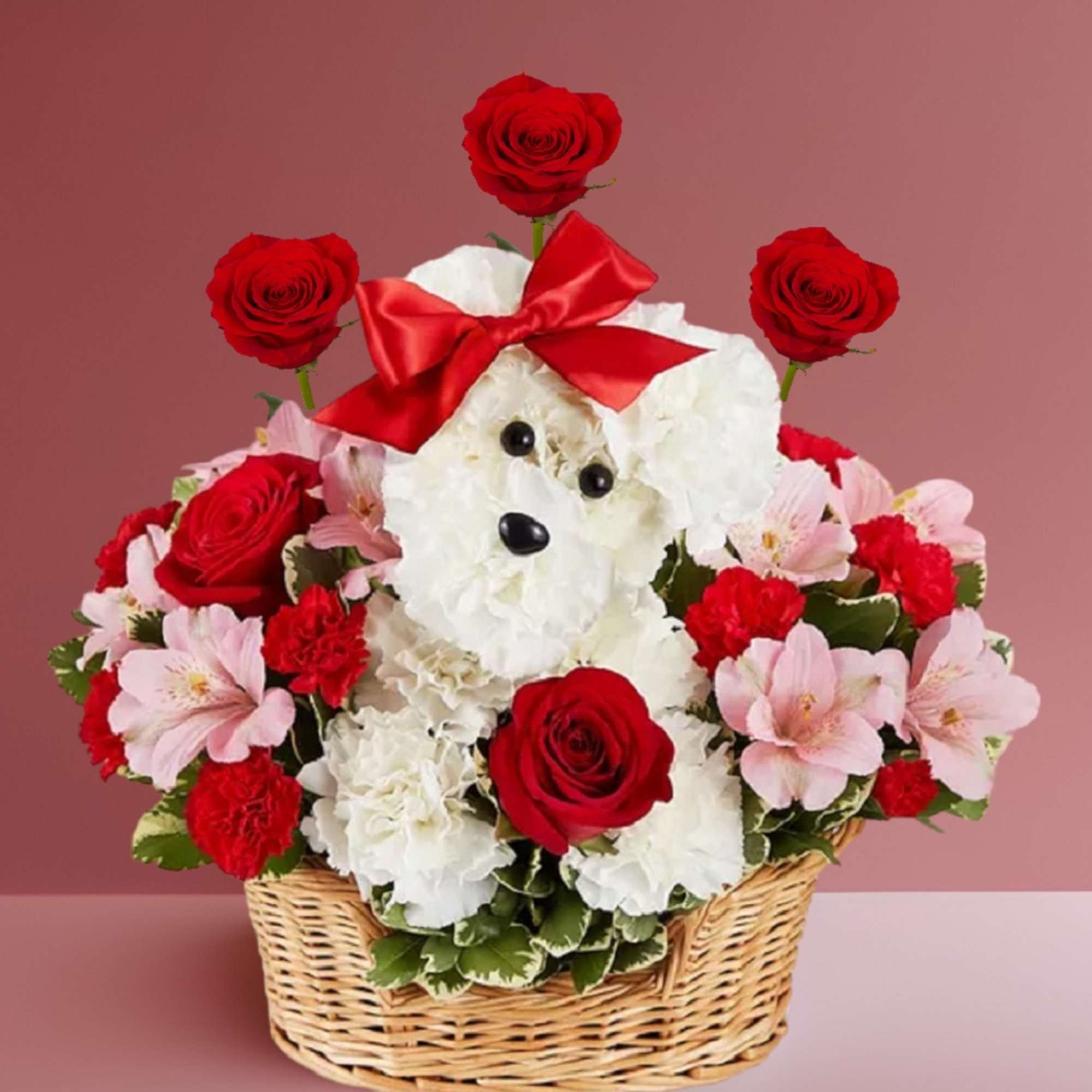 Basket arrangement with a teddy bear, red roses, and pink flowers, photo 2 of 9