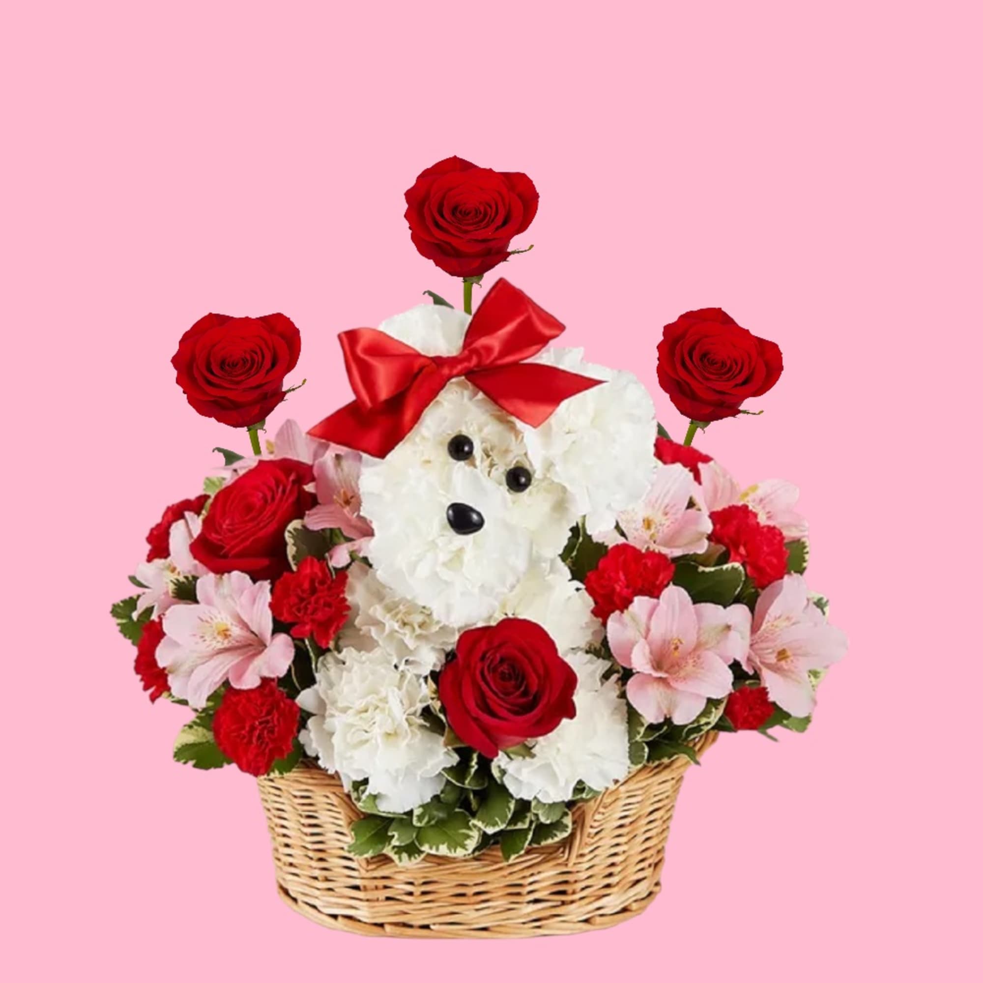 White teddy bear in a basket surrounded by red roses and pink flowers, photo 6 of 9