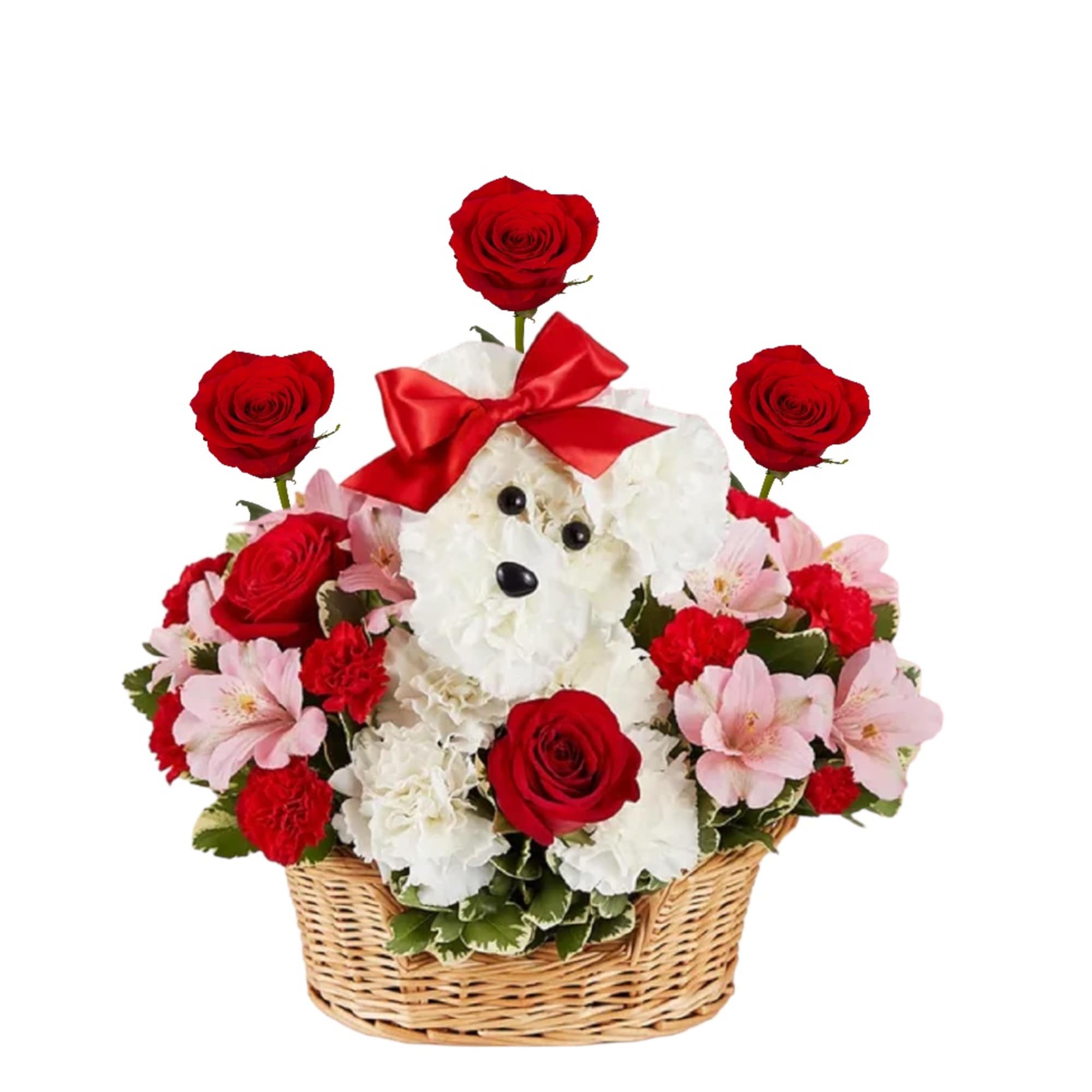 Basket arrangement with a teddy bear, red roses, pink flowers, and a red bow