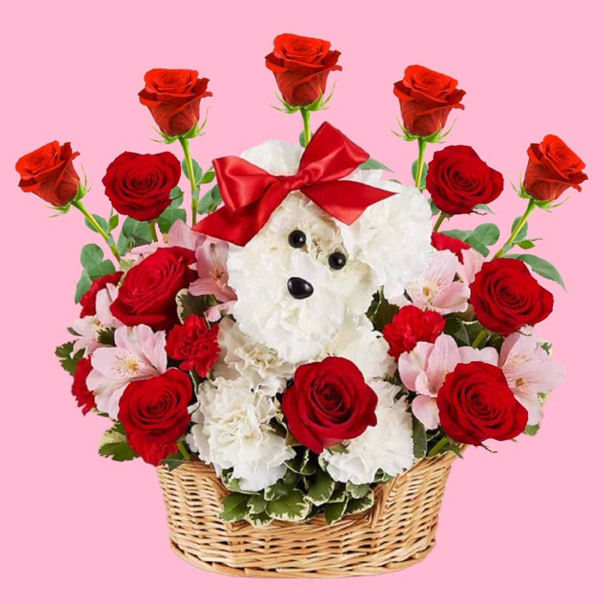 Basket arrangement with red roses and a white teddy bear centerpiece
