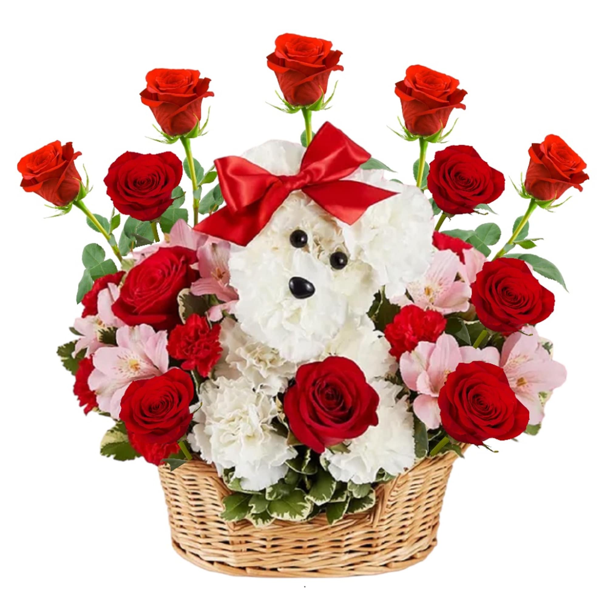 White dog-shaped flower basket with red roses and pink blooms