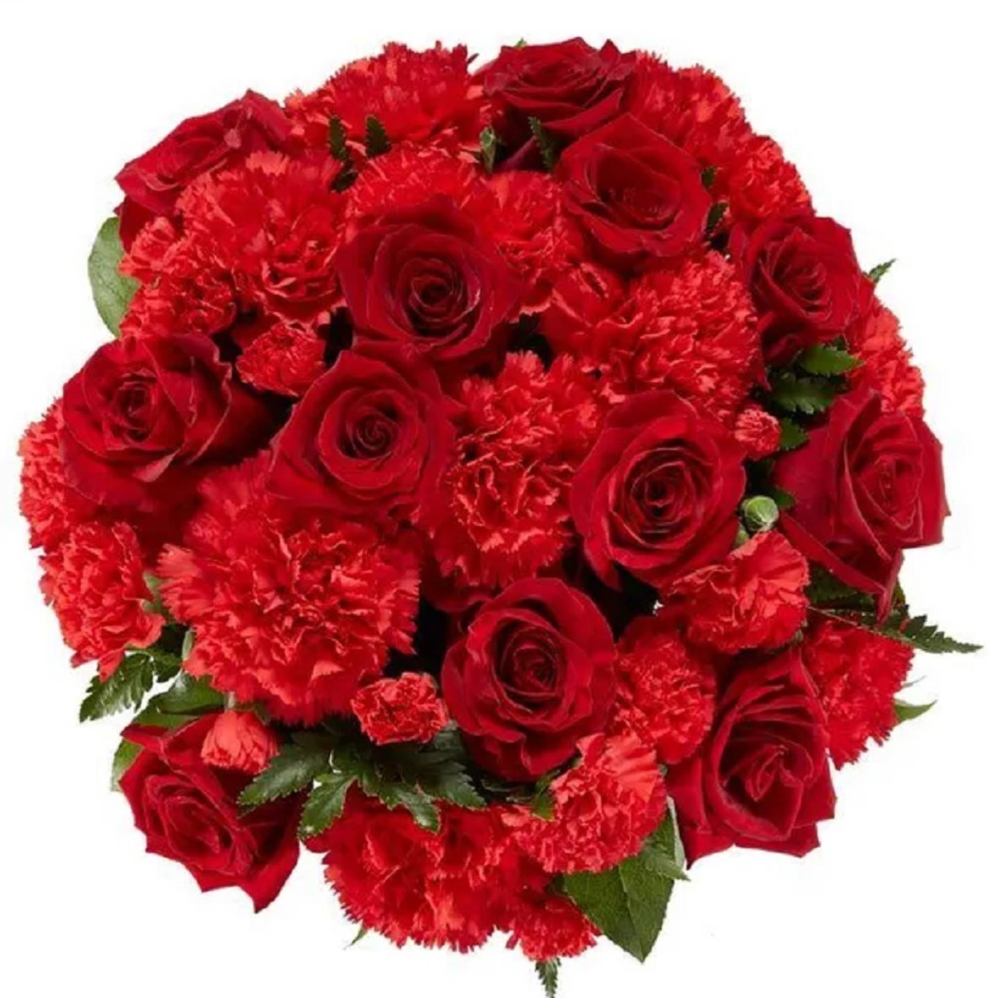 Red roses and carnations arranged in a round bouquet