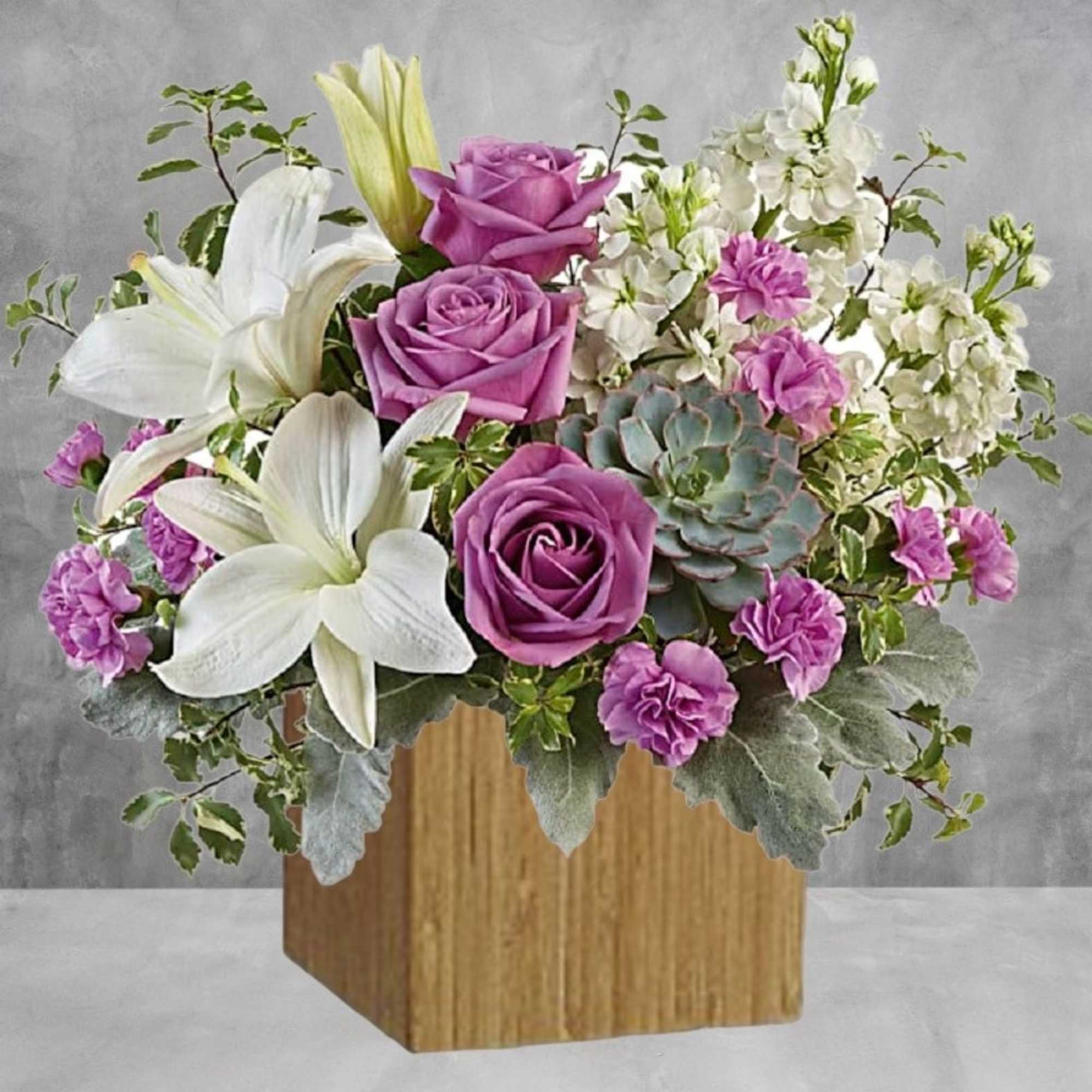 Purple roses and white lilies arranged in a wooden cube vase, photo 3 of 4
