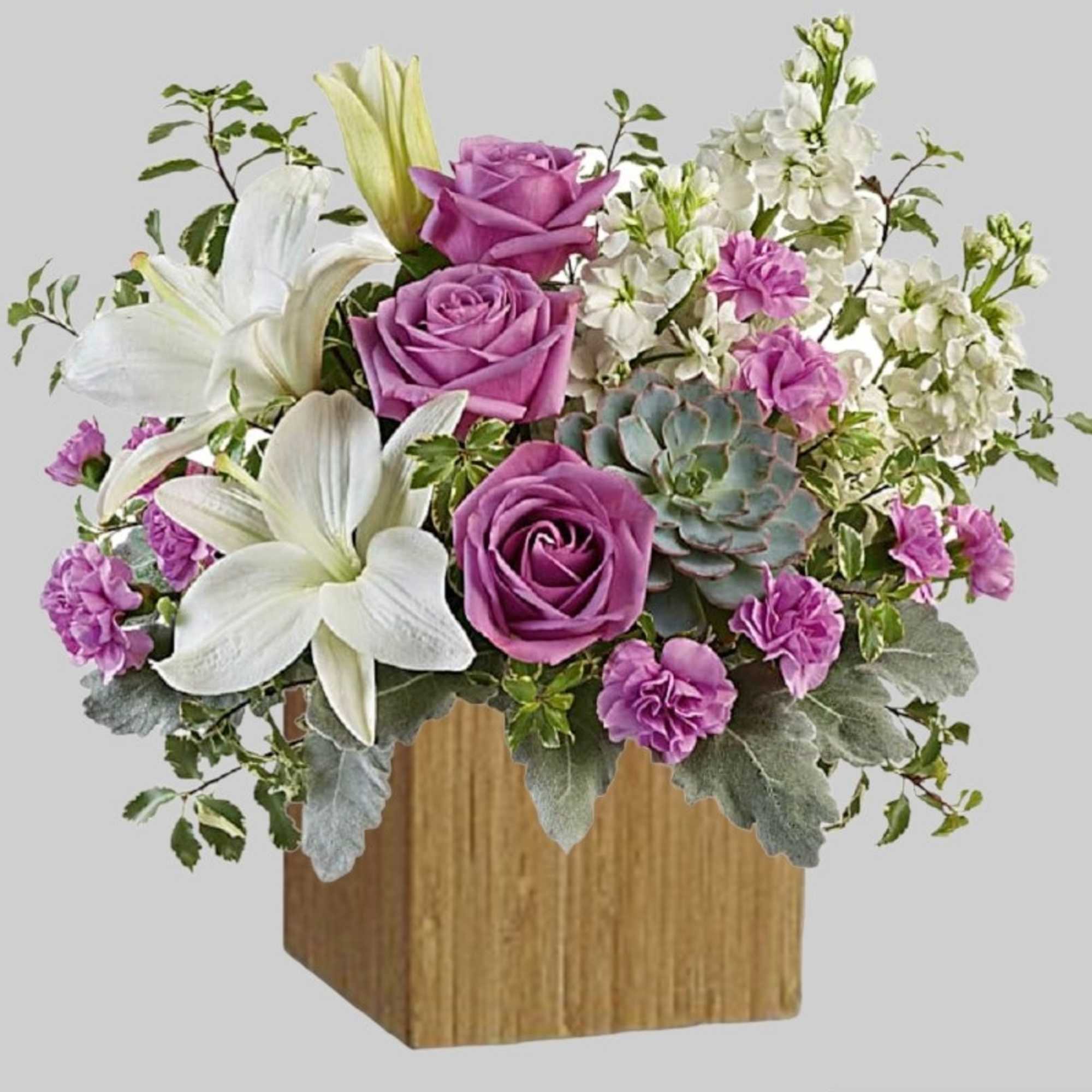 Purple roses and white lilies arranged in a wooden cube vase, photo 4 of 4