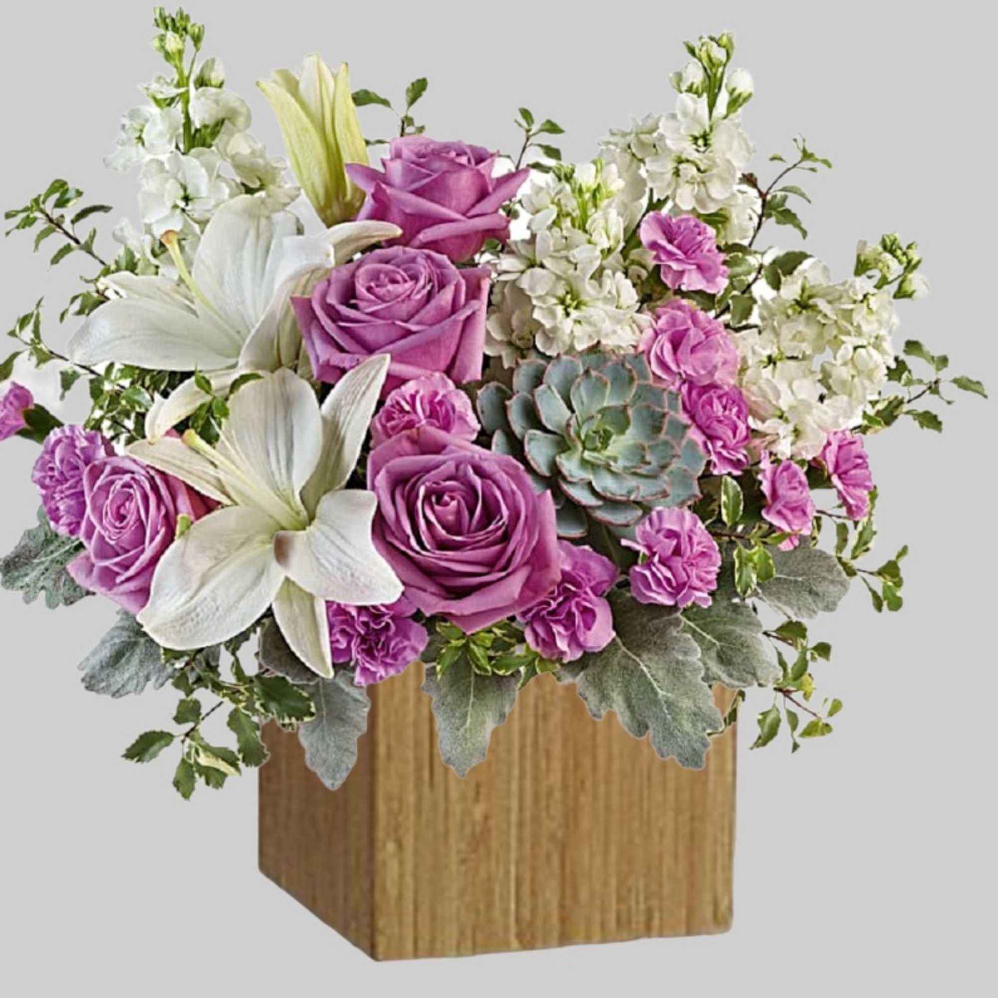 Pink roses and white lilies in a wooden cube vase, photo 3 of 3