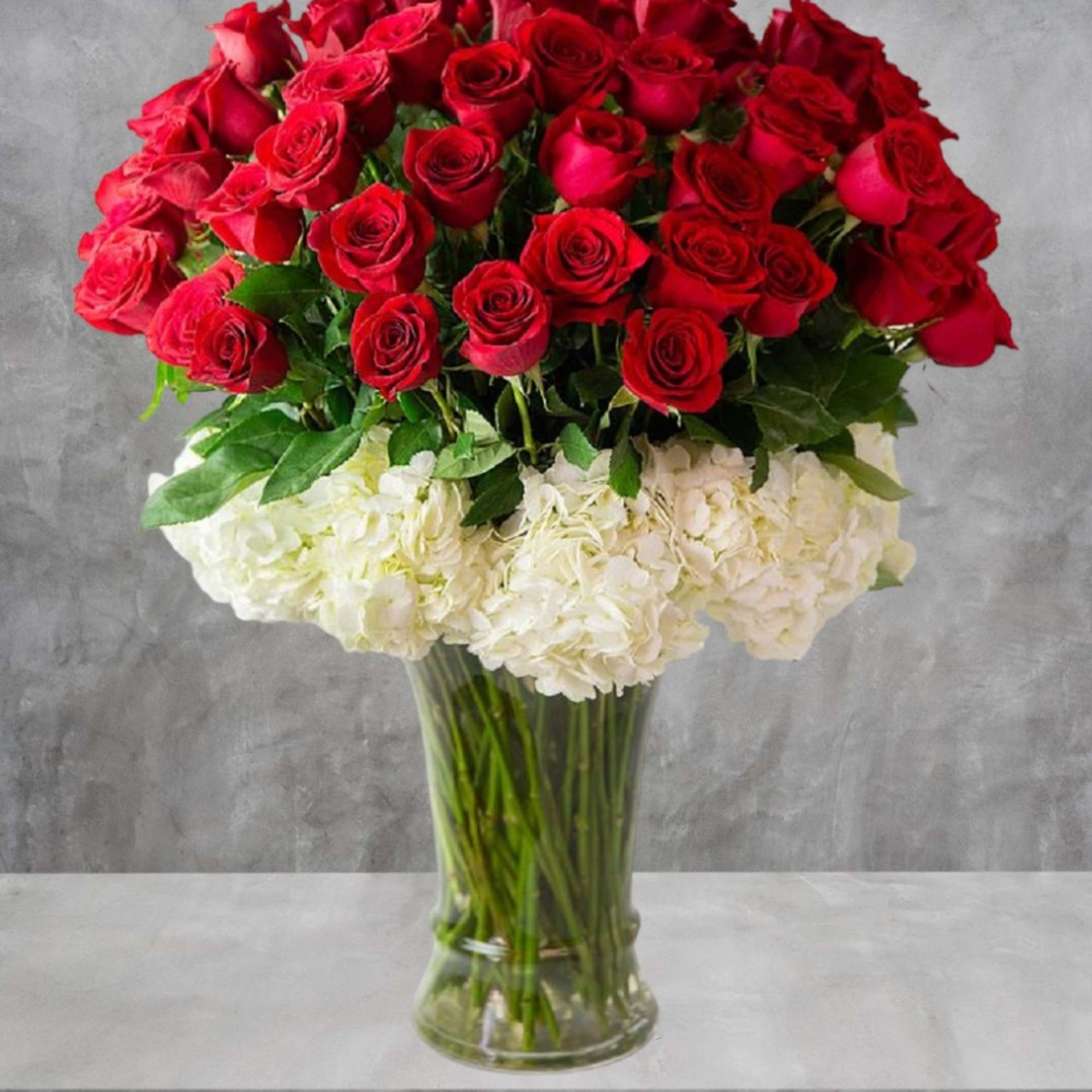 Red roses and white hydrangeas arranged in a clear glass vase, photo 2 of 3