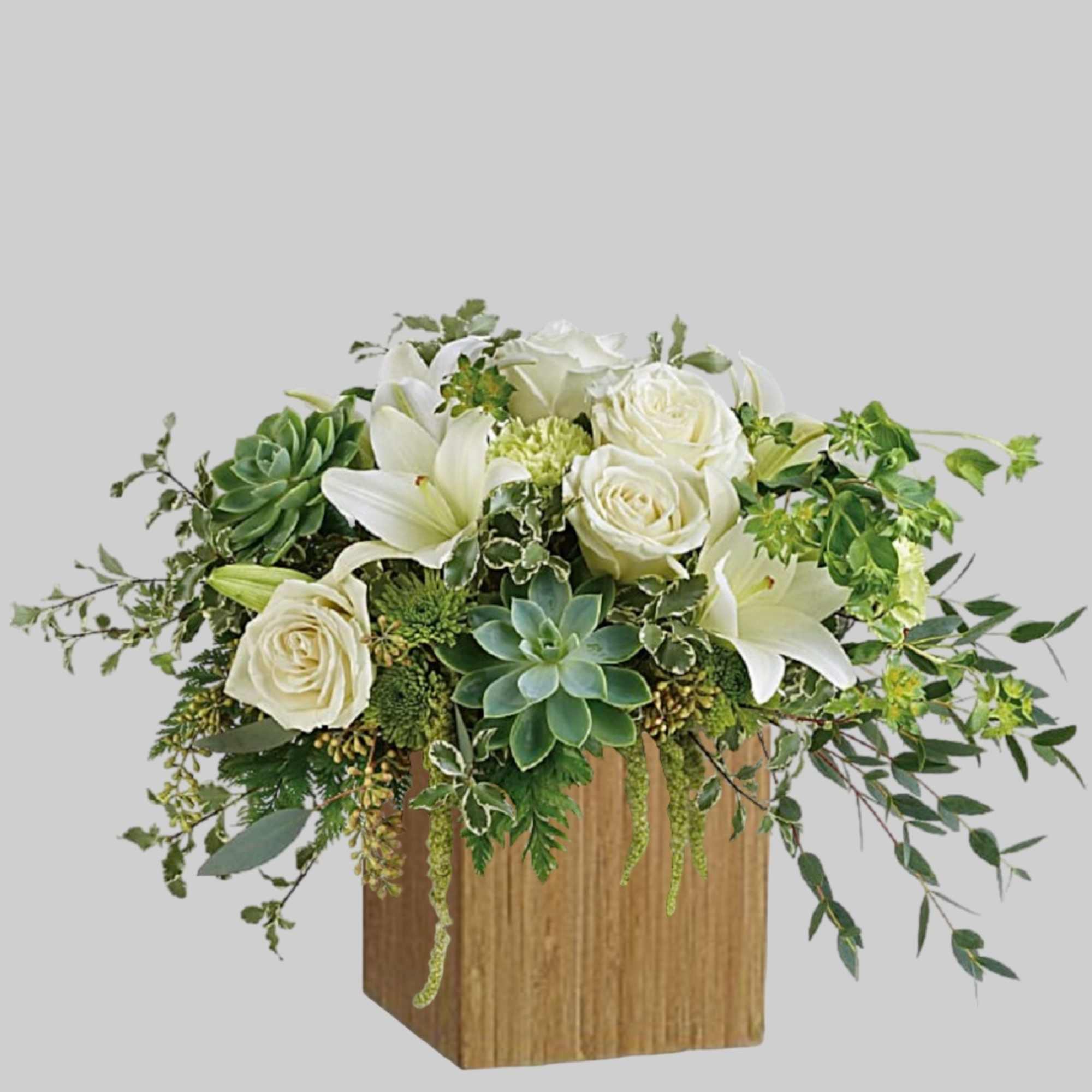 White roses and lilies arranged with succulents in a wooden box, photo 6 of 6