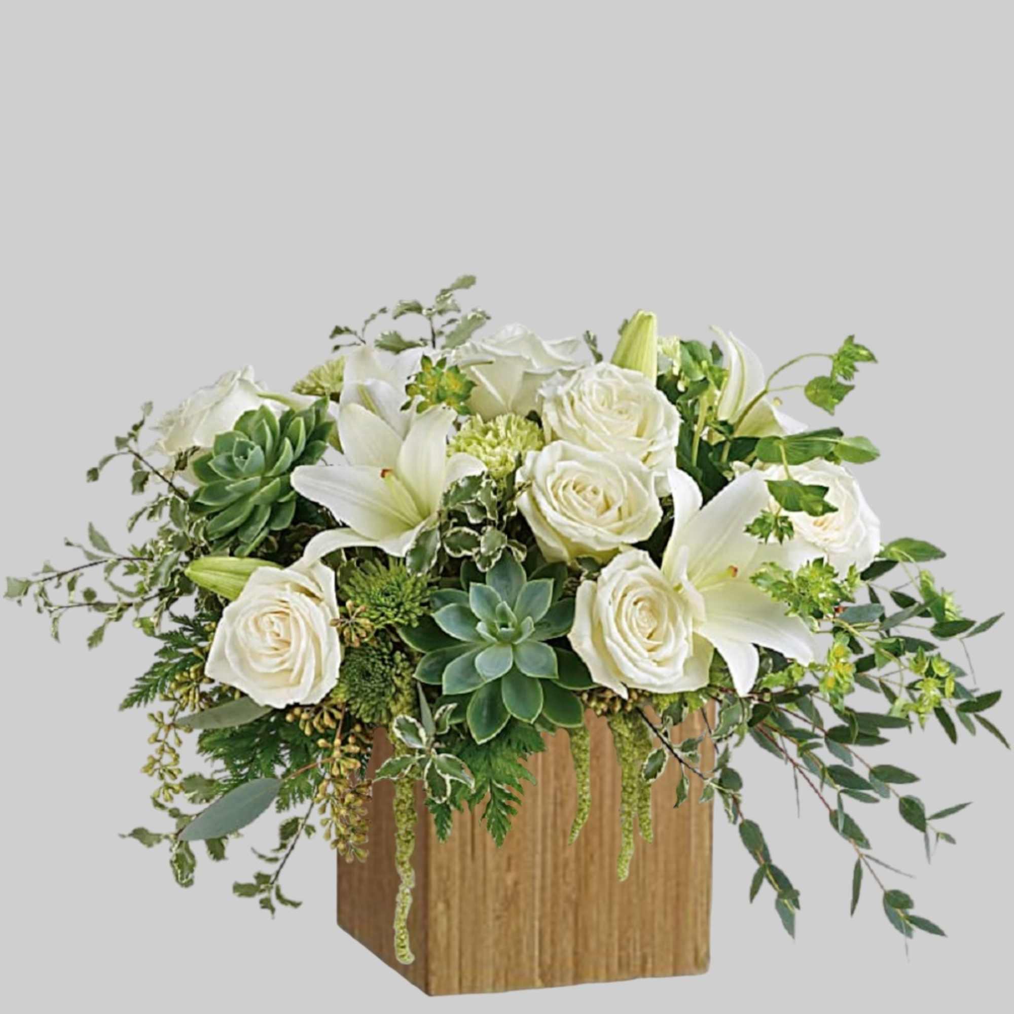 White roses and lilies arranged with succulents in a wooden box, photo 6 of 6
